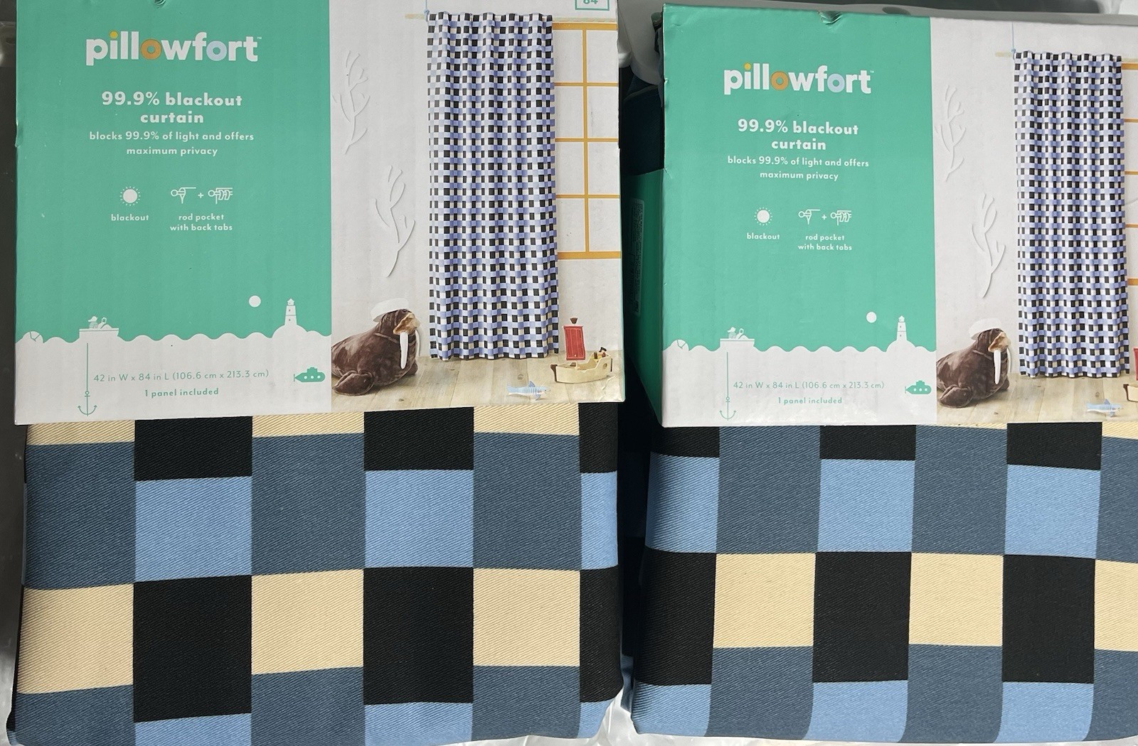 Pillowfort Blackout Curtain, 2 Panels -84in L X 42in W, Blue Checkerboard-new
