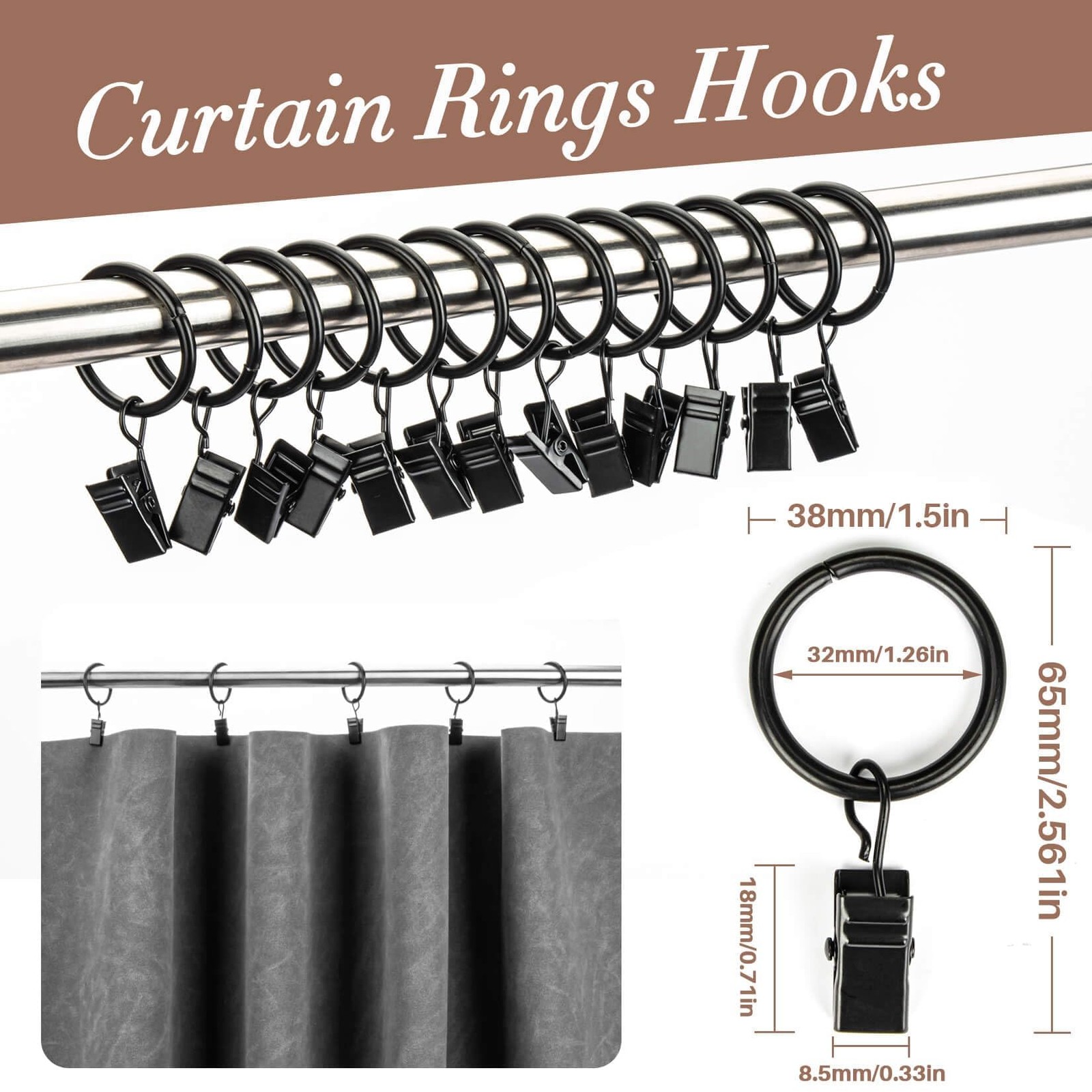 50Pcs Curtain Rings with Clips – Black Metal Drapery