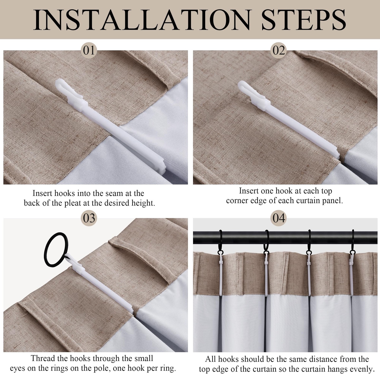 Oatmeal 100% Blackout Pleated Linen Curtains 120 Inches Long 2 Panels Set for…