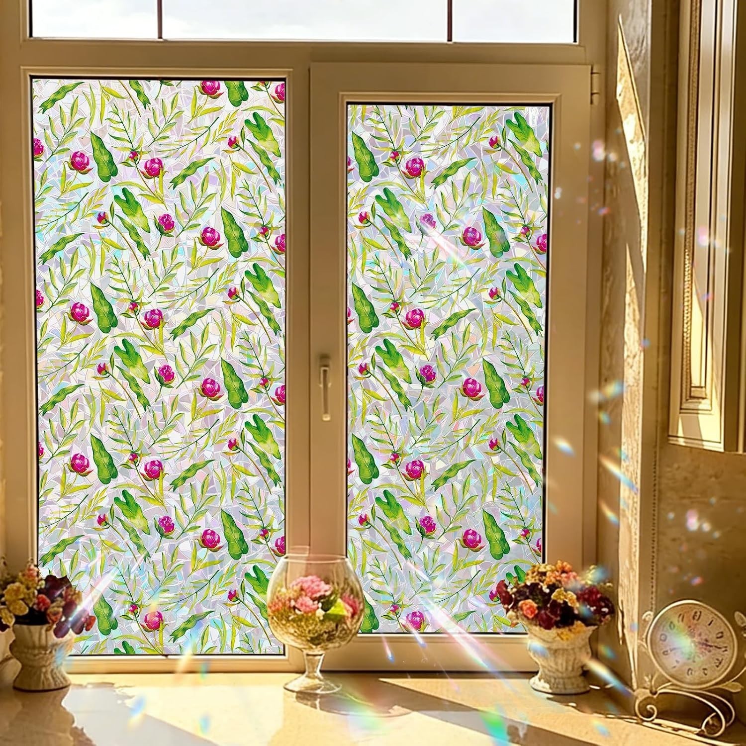 Rainbow Effect Floral Window Privacy Film – Easy Static Cling, 17.5” x 78.7”