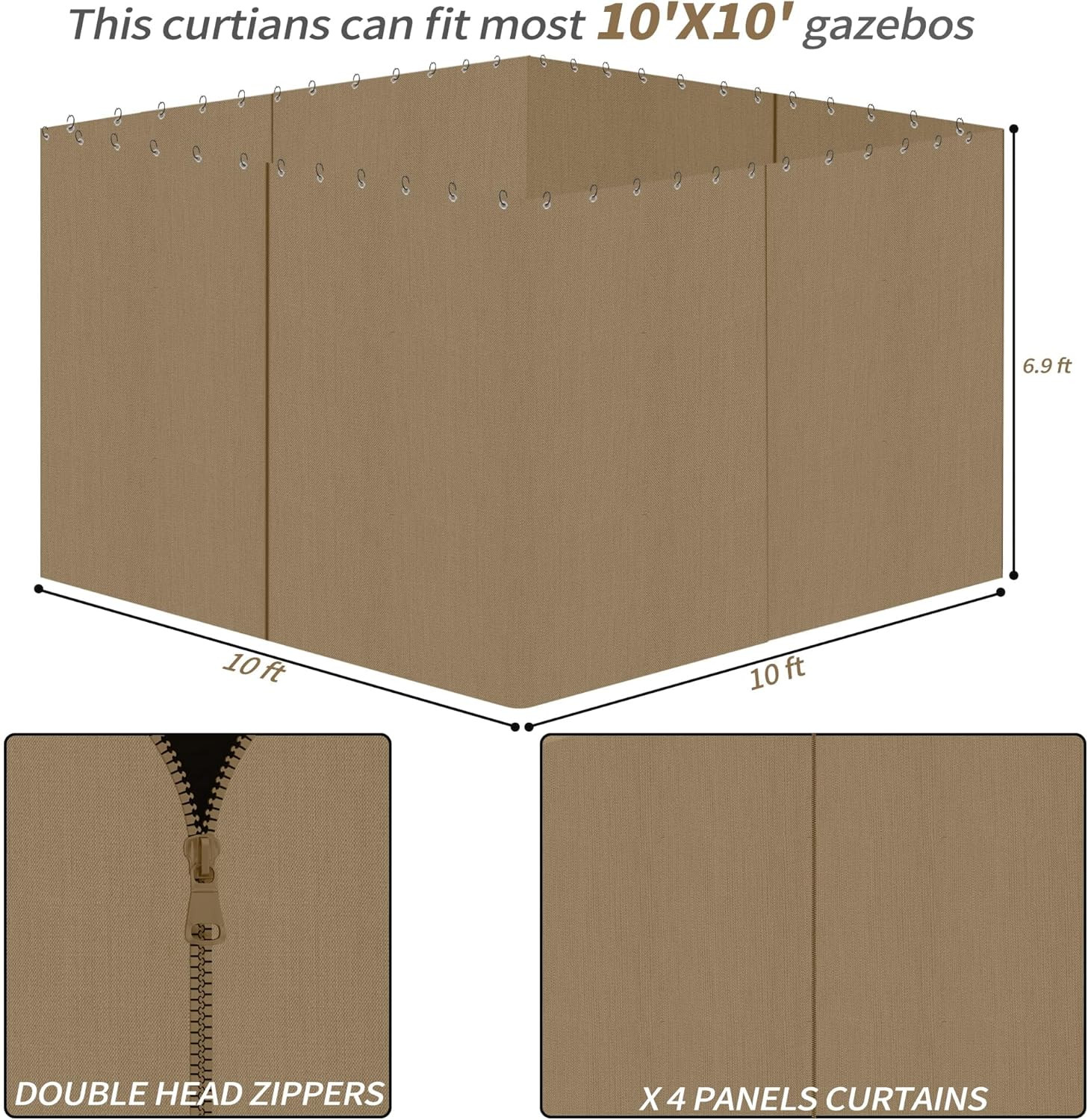 Gazebo Privacy Curtains with Zipper 4-Panels 10’X12′ Outdoor