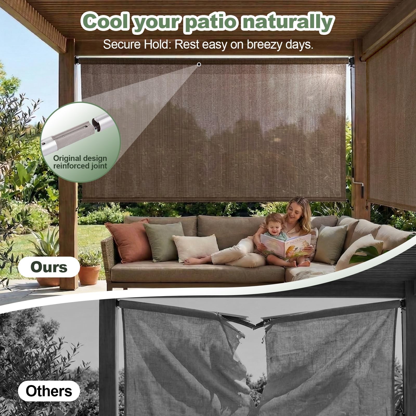 Meooem Outdoor Roller Shade 8W X 8H Cordless Patio Roll Up Blinds Crank Wand 95