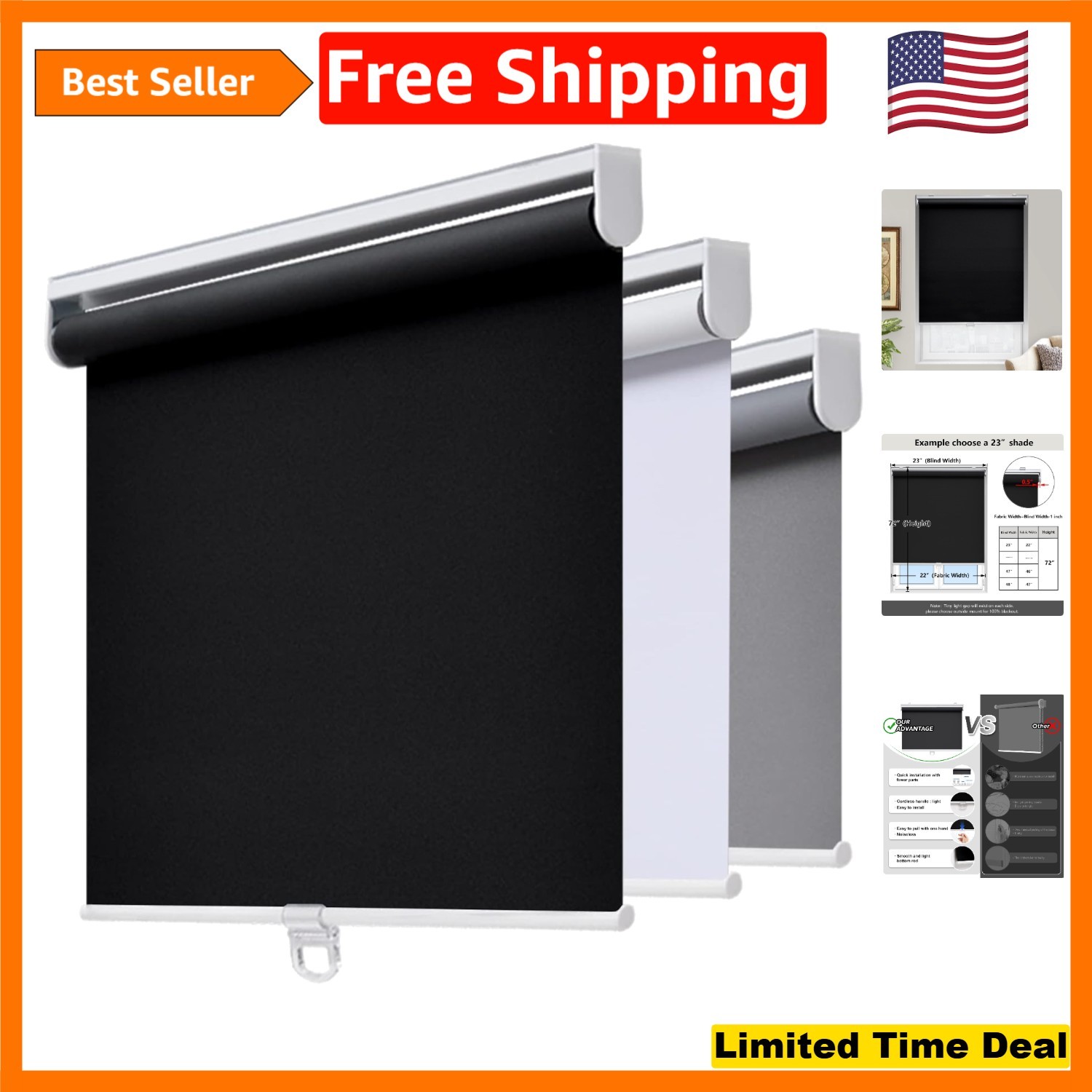 Versatile 23″ W x 72″ H Blackout Blinds – Cordless Design for Modern Homes