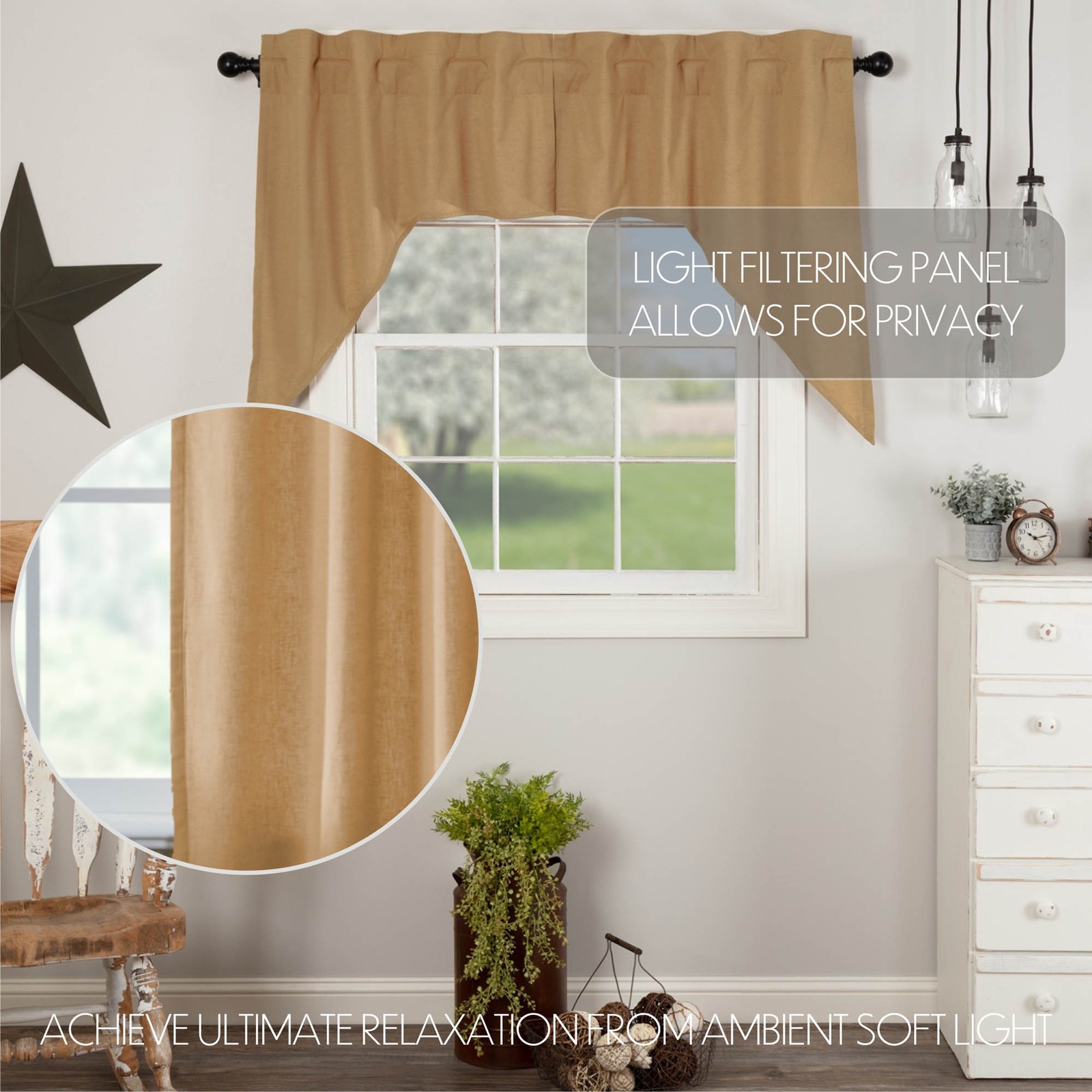 Simple Life Farmhouse Flax Khaki Swag Cotton Curtain Set 36x36x16″ VHC Brands