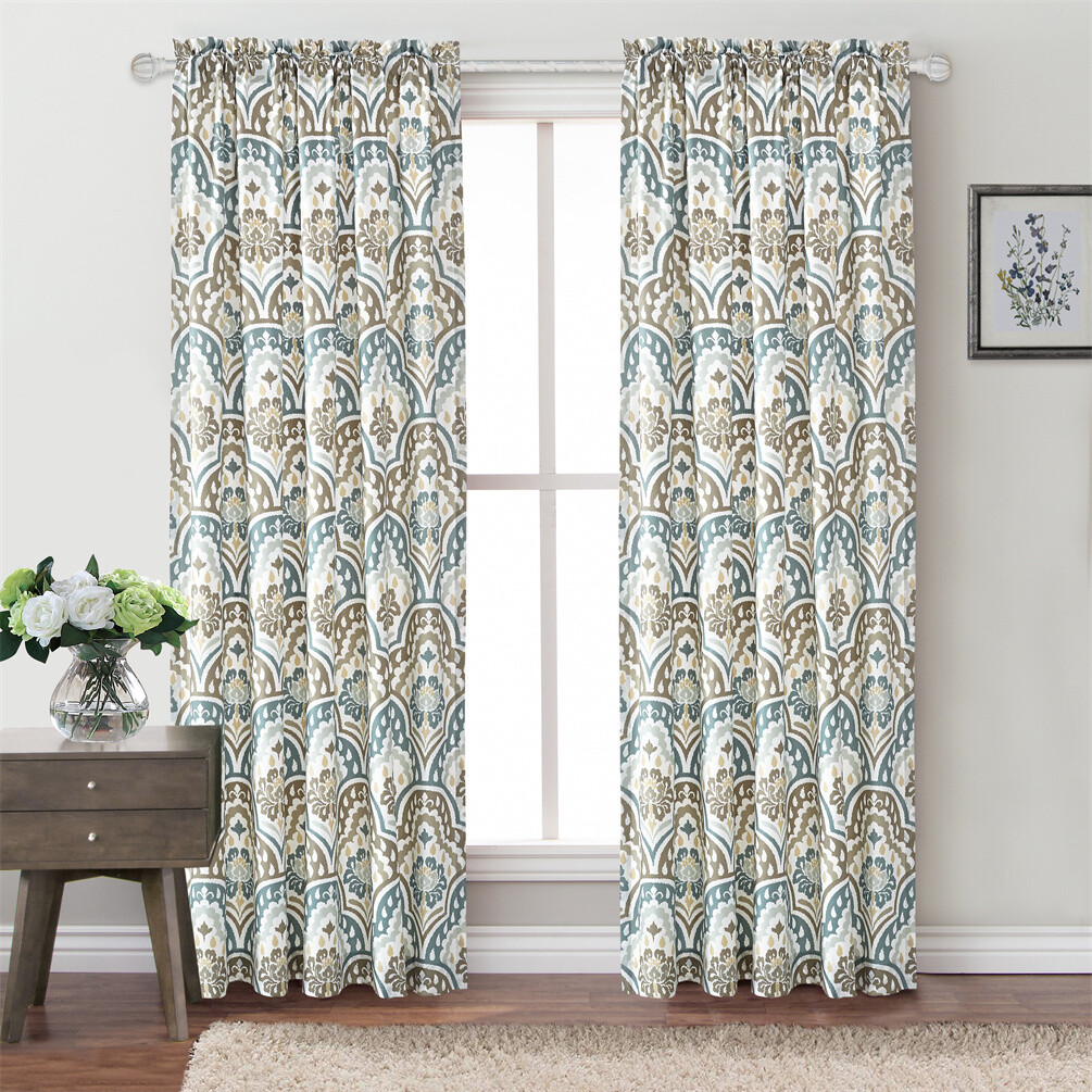 Tivoli Ikat Design Microfiber Curtains 2 Panel Set Living Room Bedroom Teal-Aqua