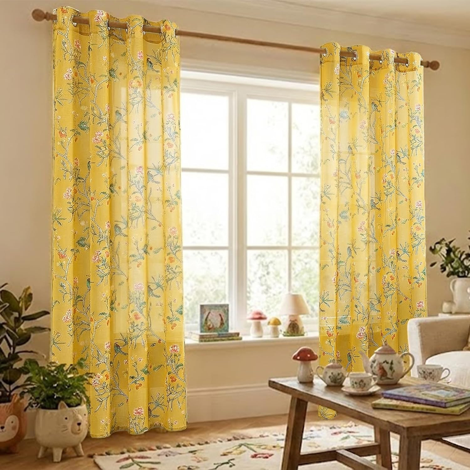 Mustard Yellow Floral Sheer Curtains 84 Inch Botanical Window Panel 2 Pack