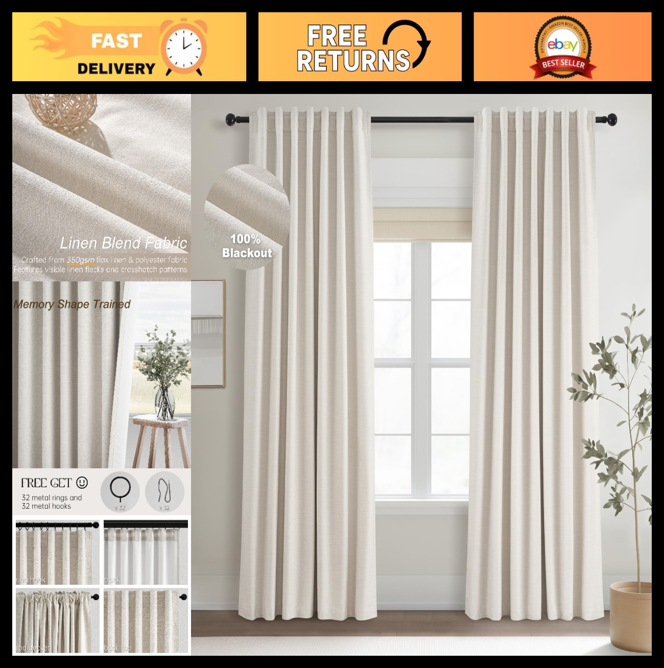 Boho Farmhouse Blackout Curtains 96″ Long, Ivory Birch Pinch Pleated Drapes, 2 P