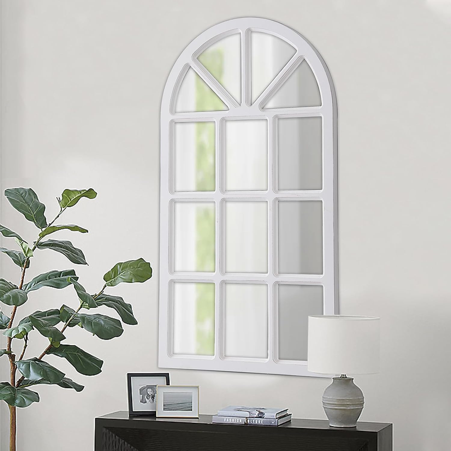 Rustic Arched Window Pane Mirror 20 X 36 Inch, Hanging Distressed White Window M