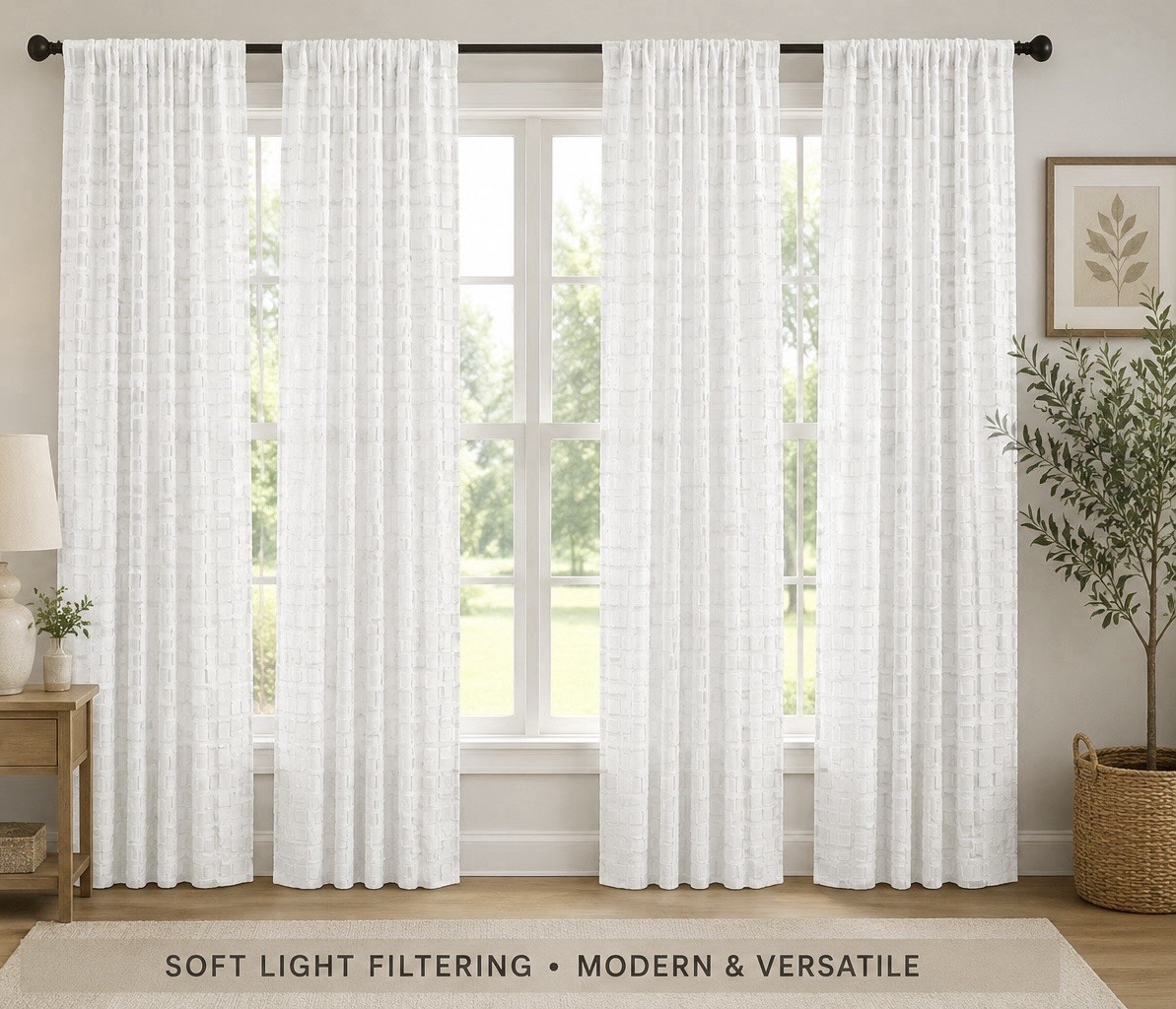 Set of 4 White Textured Square Embellished Curtain Panels 84×37 Rod Pocket