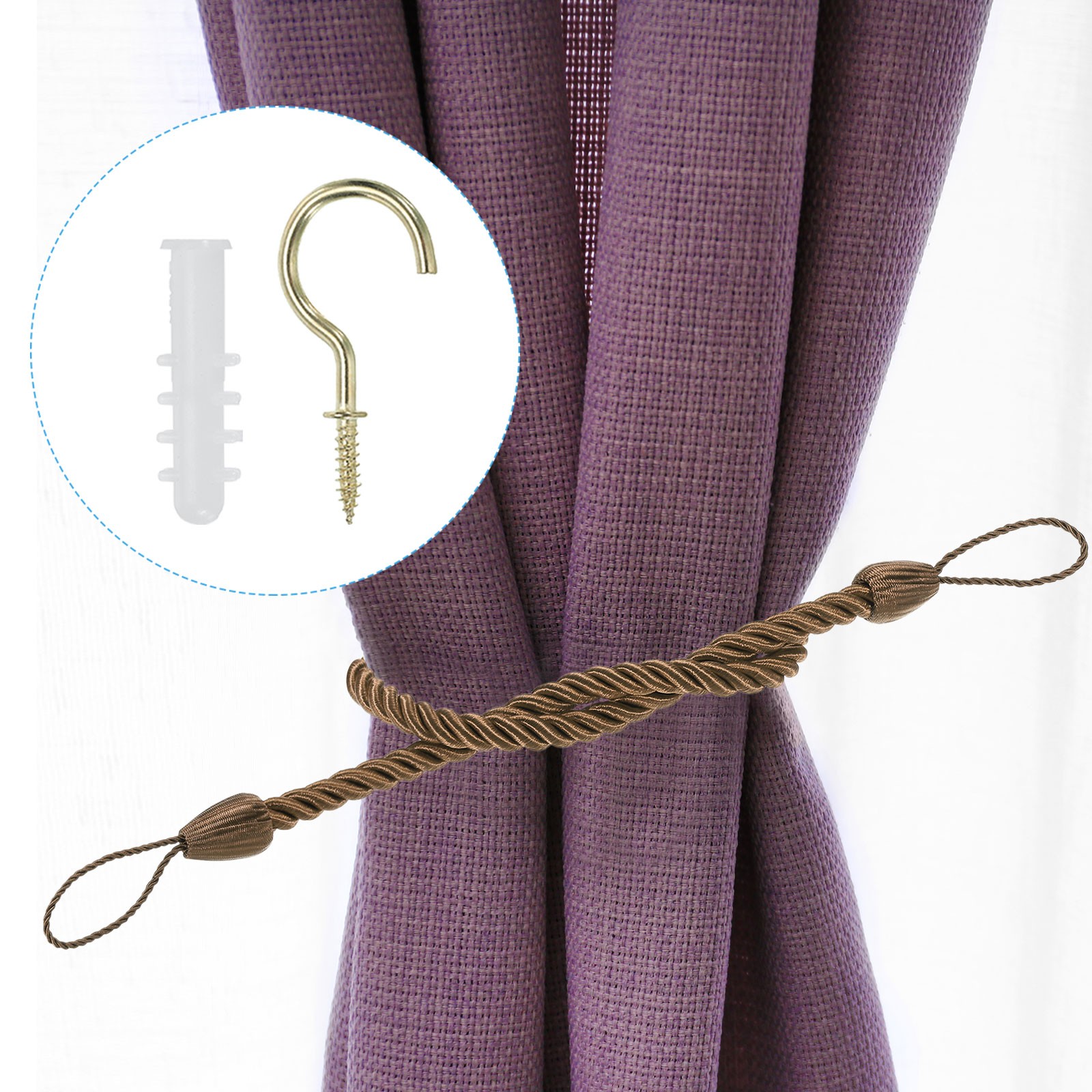 6pcs Curtain Tiebacks Ropes with Hooks Bolts Khaki