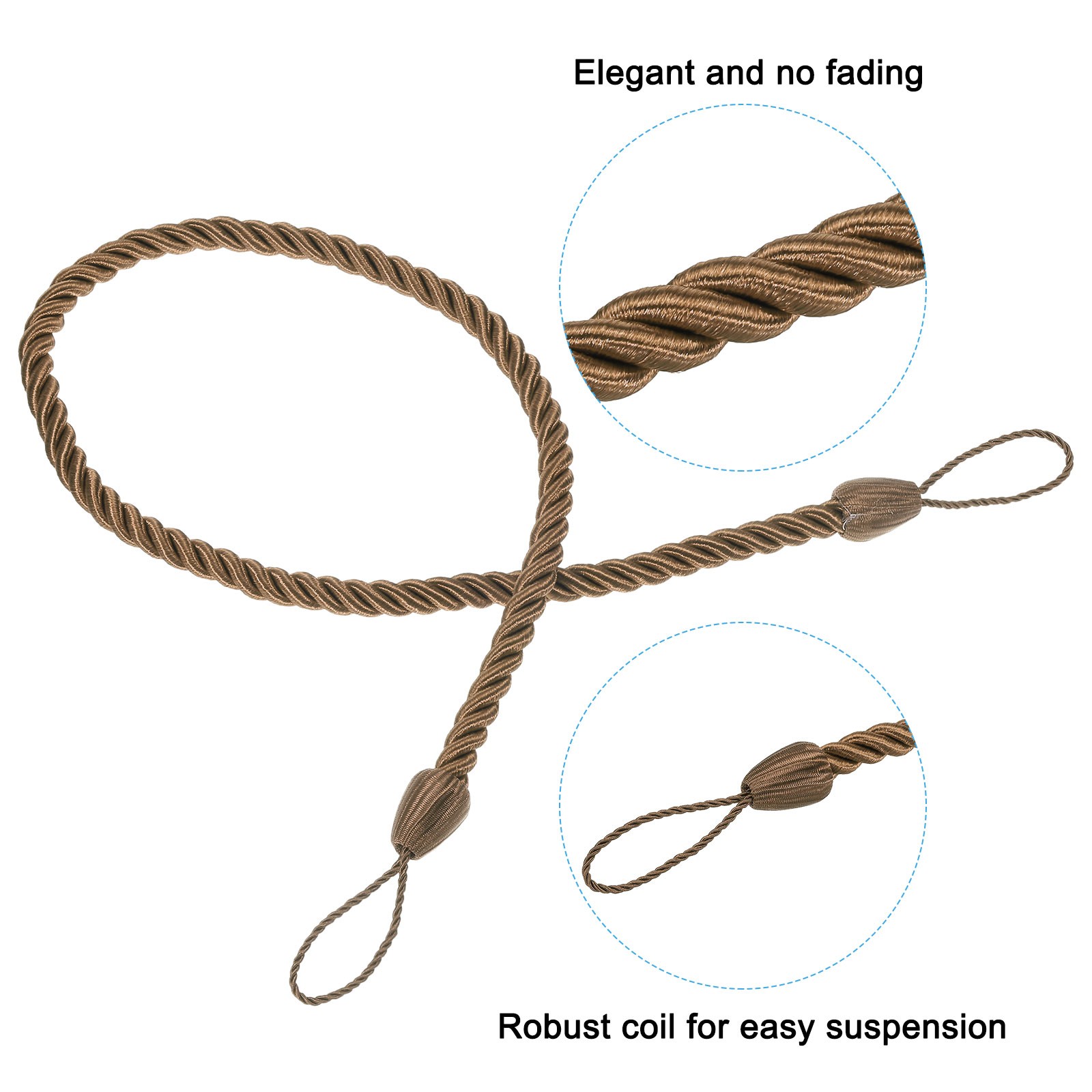 6pcs Curtain Tiebacks Ropes with Hooks Bolts Khaki