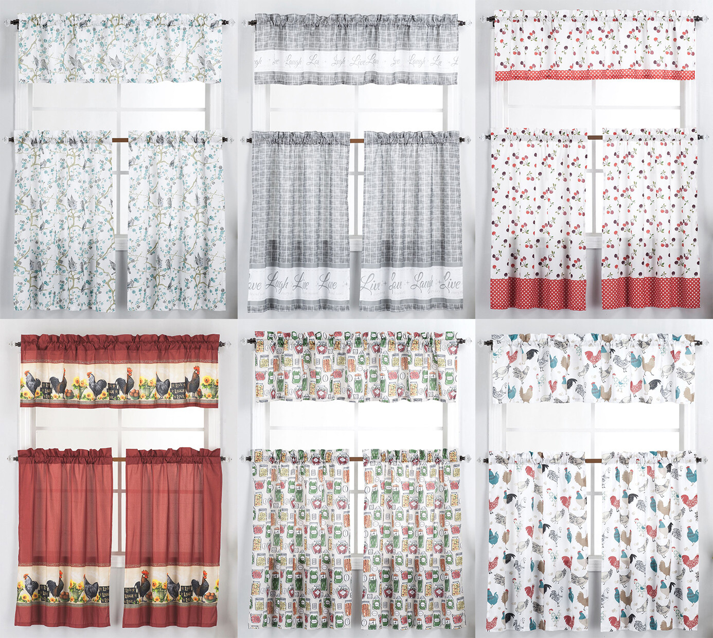 3 Piece Kitchen Window Curtain Panel Tiers & Valance Set – Various Designs