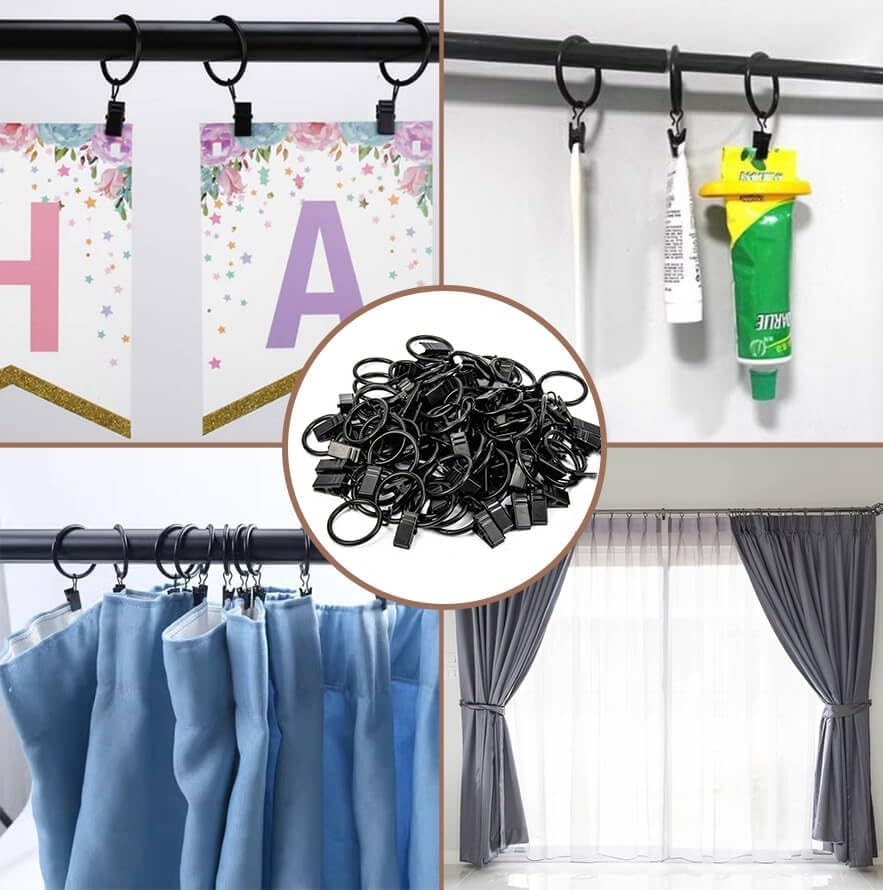 50Pcs Curtain Rings with Clips – Black Metal Drapery