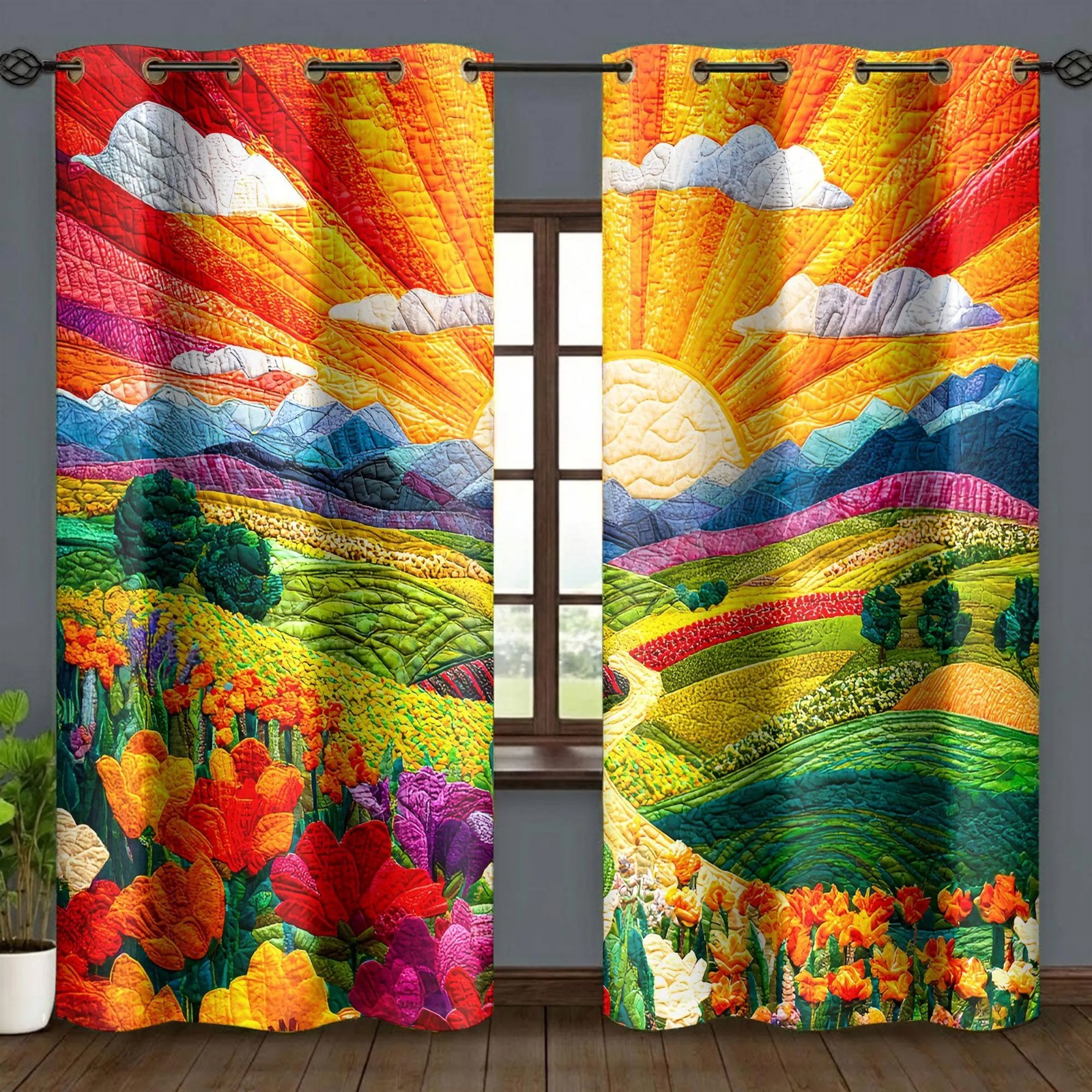 Landscape Curtains, Colorful Sunrise Mountain Art Drapes Nature Inspired Decor