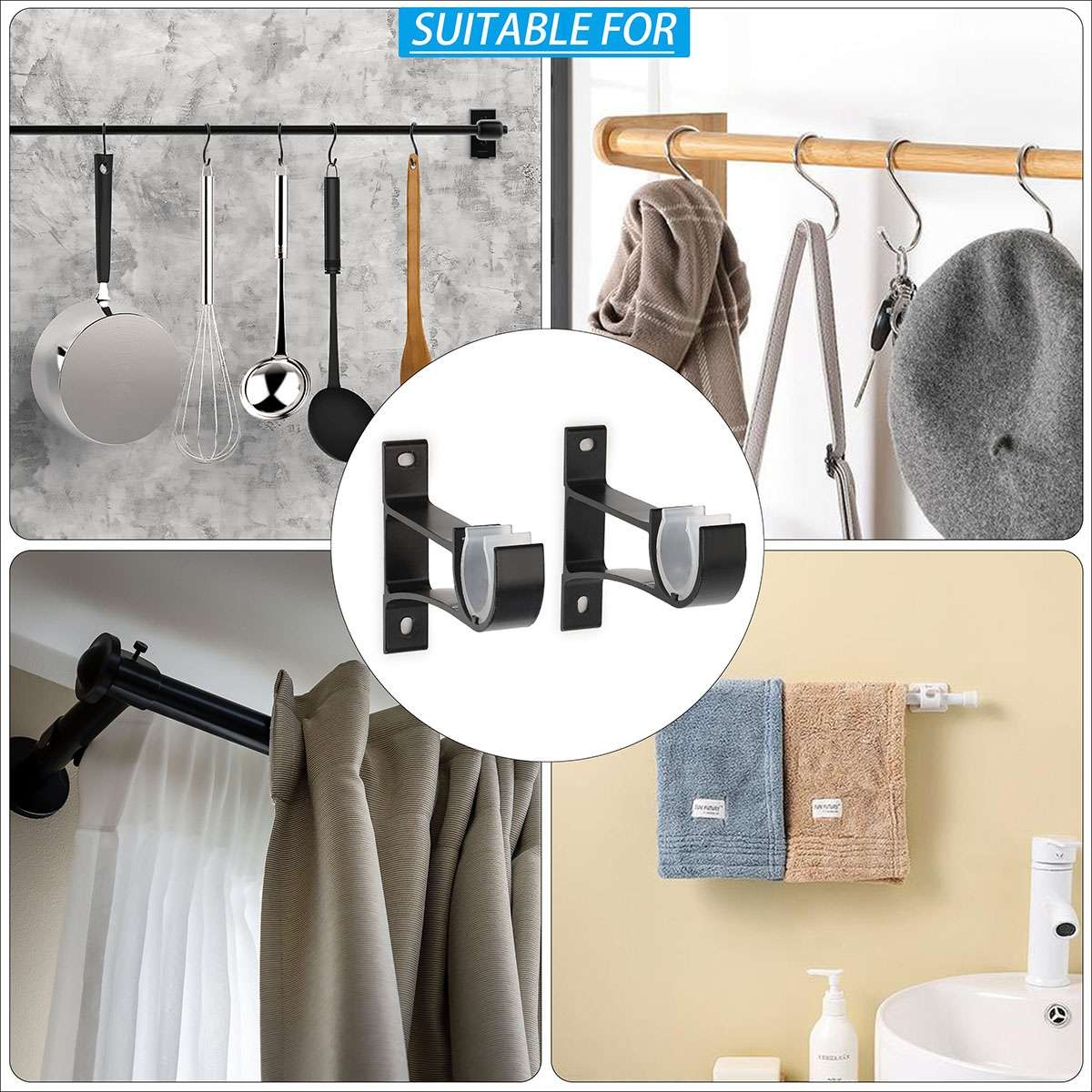 2-6pc Aluminum Alloy Single Curtain Rod Brackets Window Wall Holders for Drapery