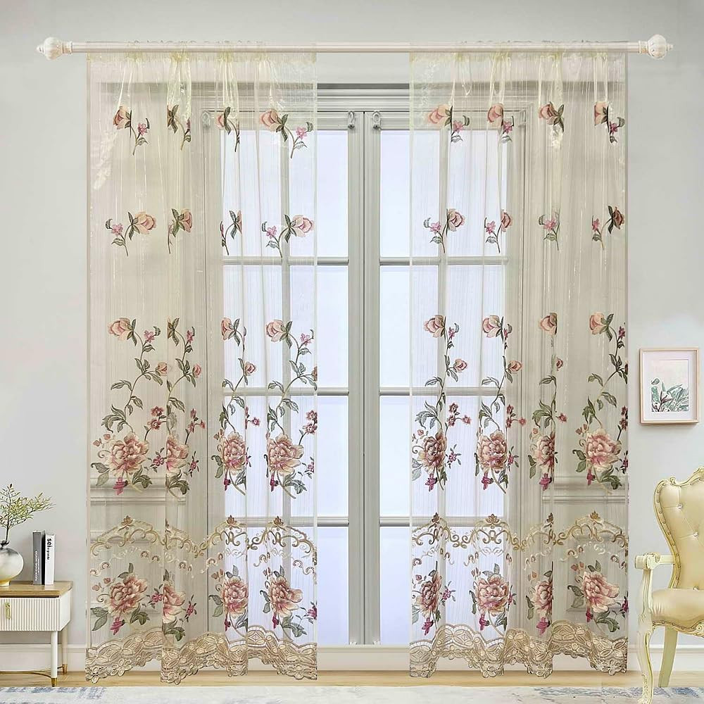 Luxury Floral Embroidery Gauze Sheer Curtain for Bedroom Rod Pocket Top | Retro