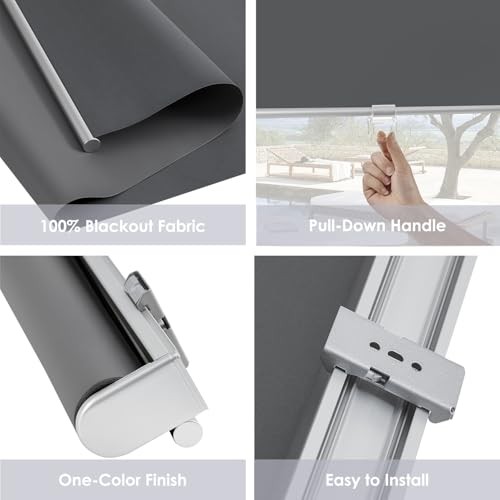 Cordless 100% Blackout Roller Shades for Windows,UV Protection 34″W x 72″H Grey