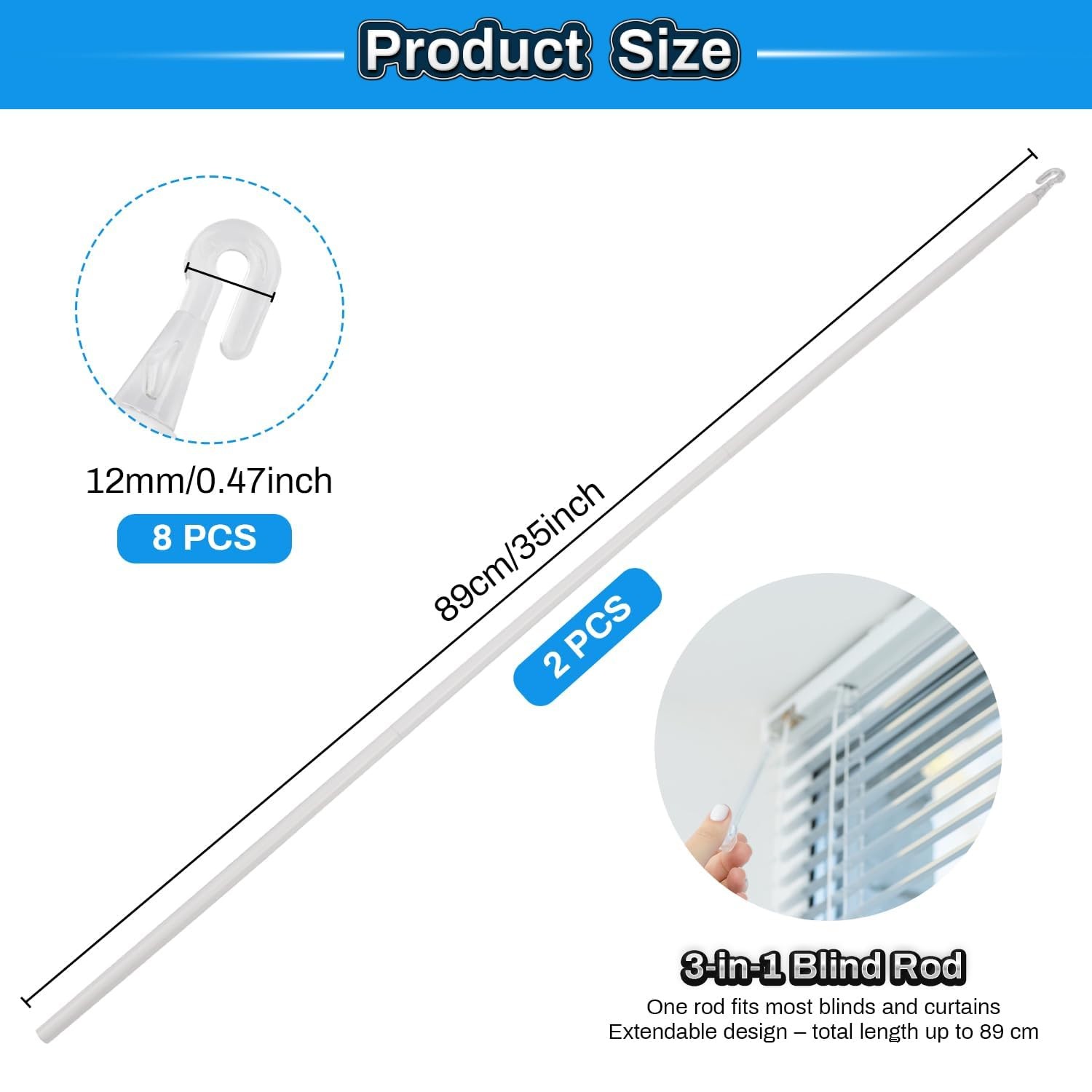 2 Pack 35″ Blind Wand Replacement, White Tilt Wand with Hook and Grip for Ver…