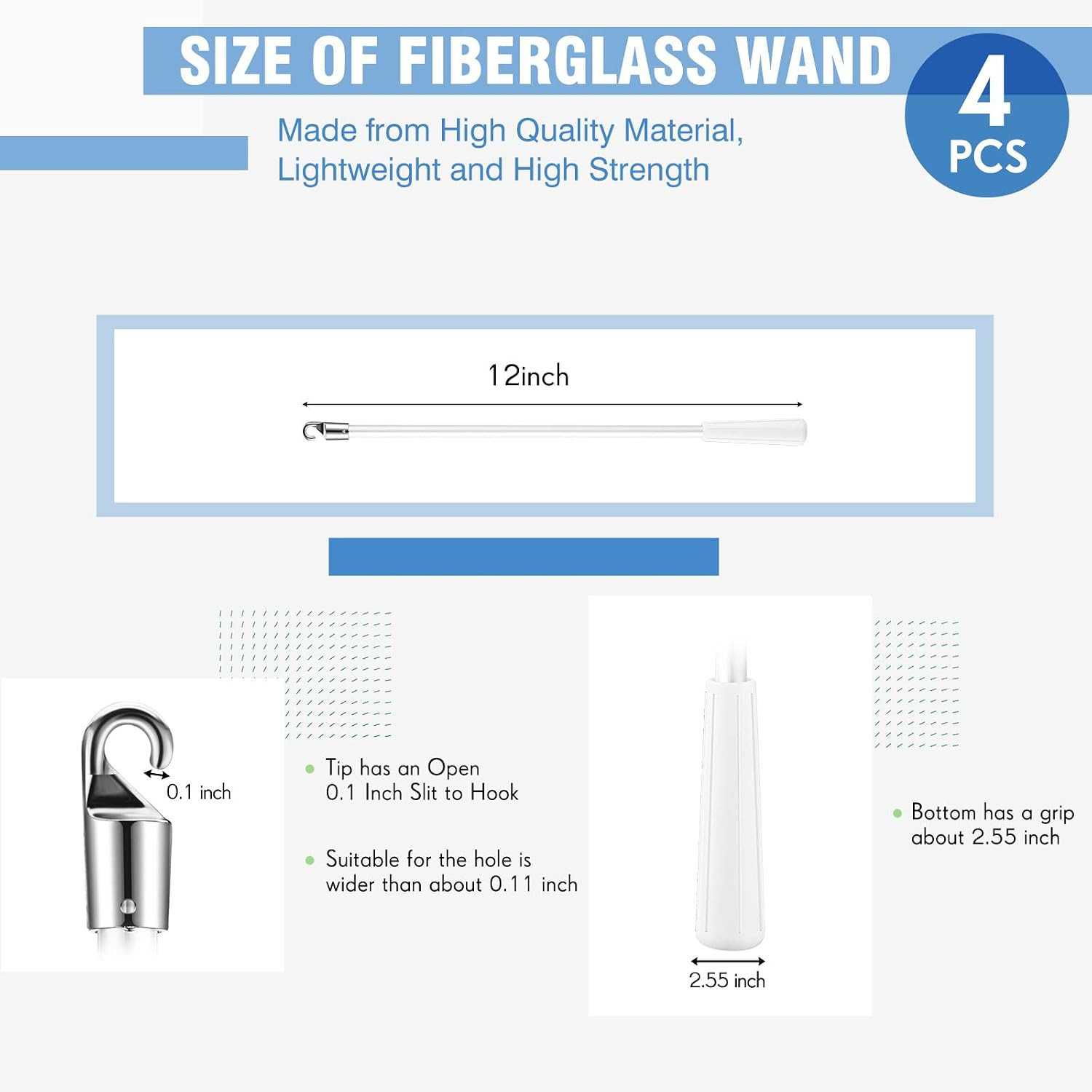 4 Pcs Blinds Wand Replacement with Hook and Handle White Fiberglass Long Vertica