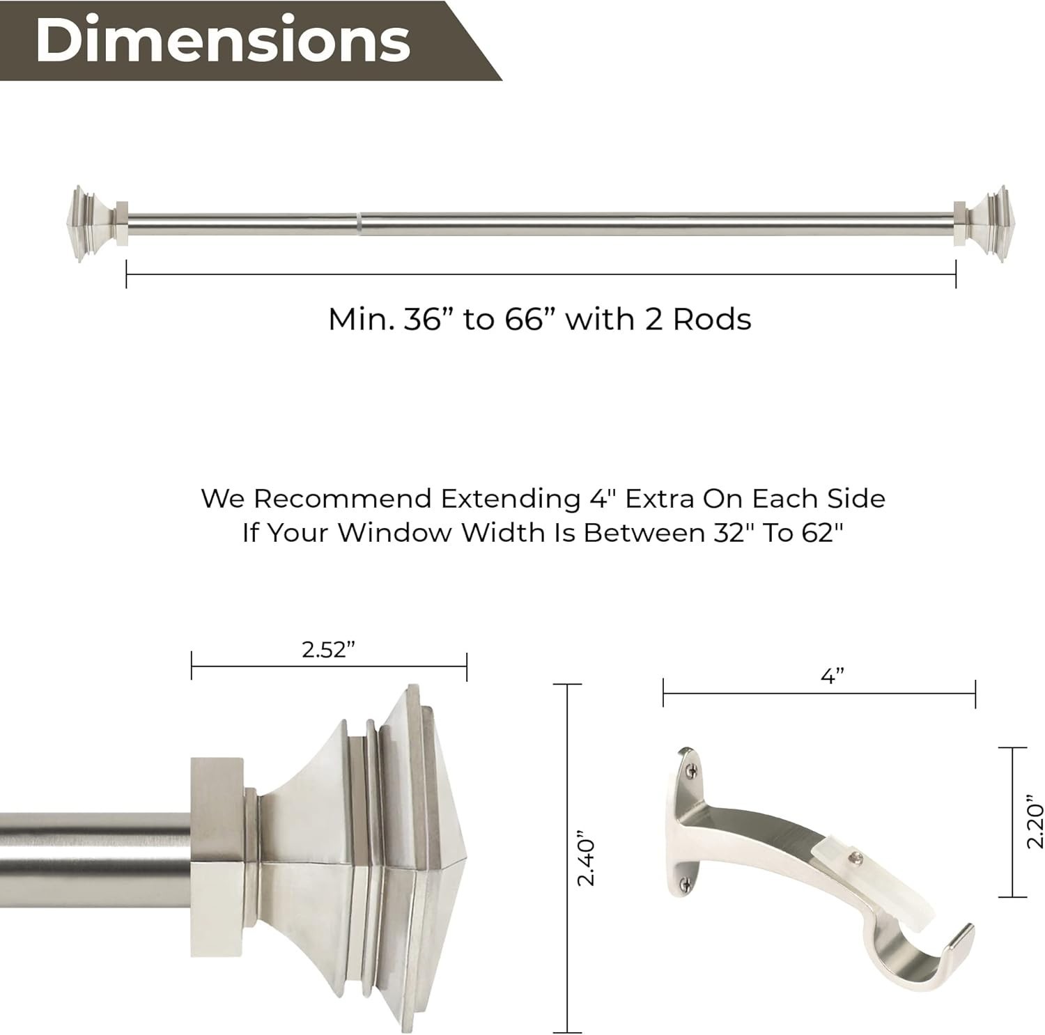 New Window Satin Silver Curtain Rod 1″ Adjust/Brackets Set 36″ to 66″ Fast Ship