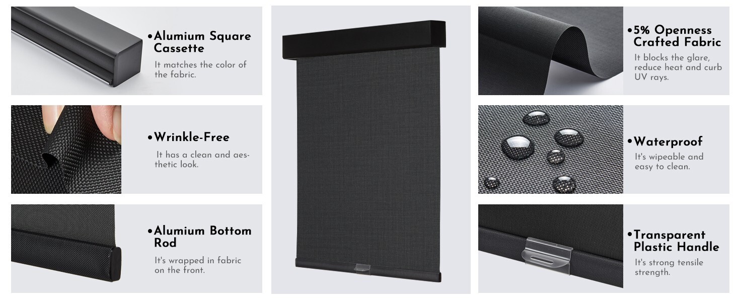 Clearance Black Customized 5% Openness Free-Stop UV Protection Solar Shades