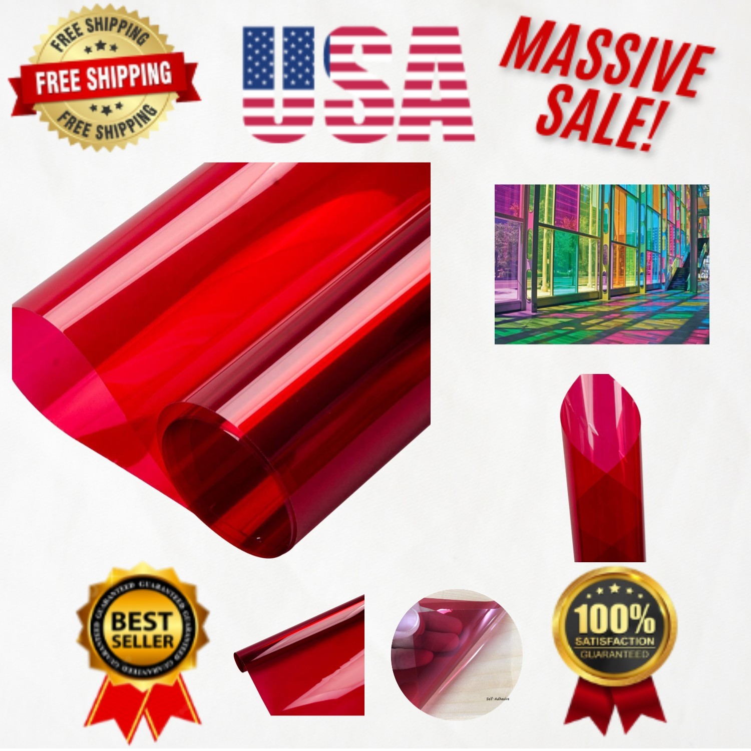 Colorful Self-Adhesive Window Tint – Rose Red, UV & Heat Resistant, 17.7”x78.7”