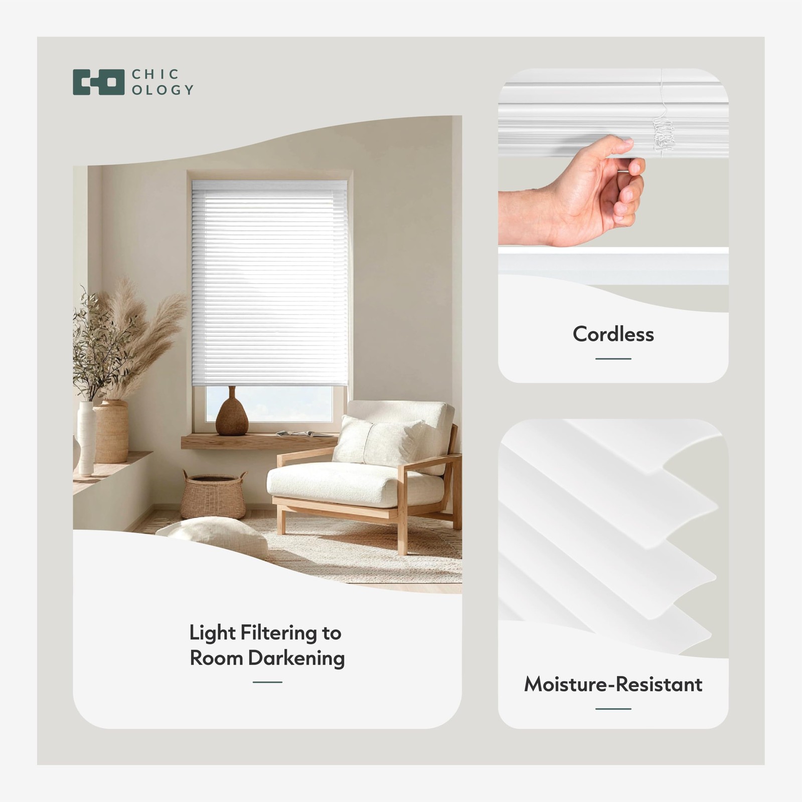 Cordless Mini Blinds 27″ W x 48″ H White Vinyl Light Filtering Room Darkening