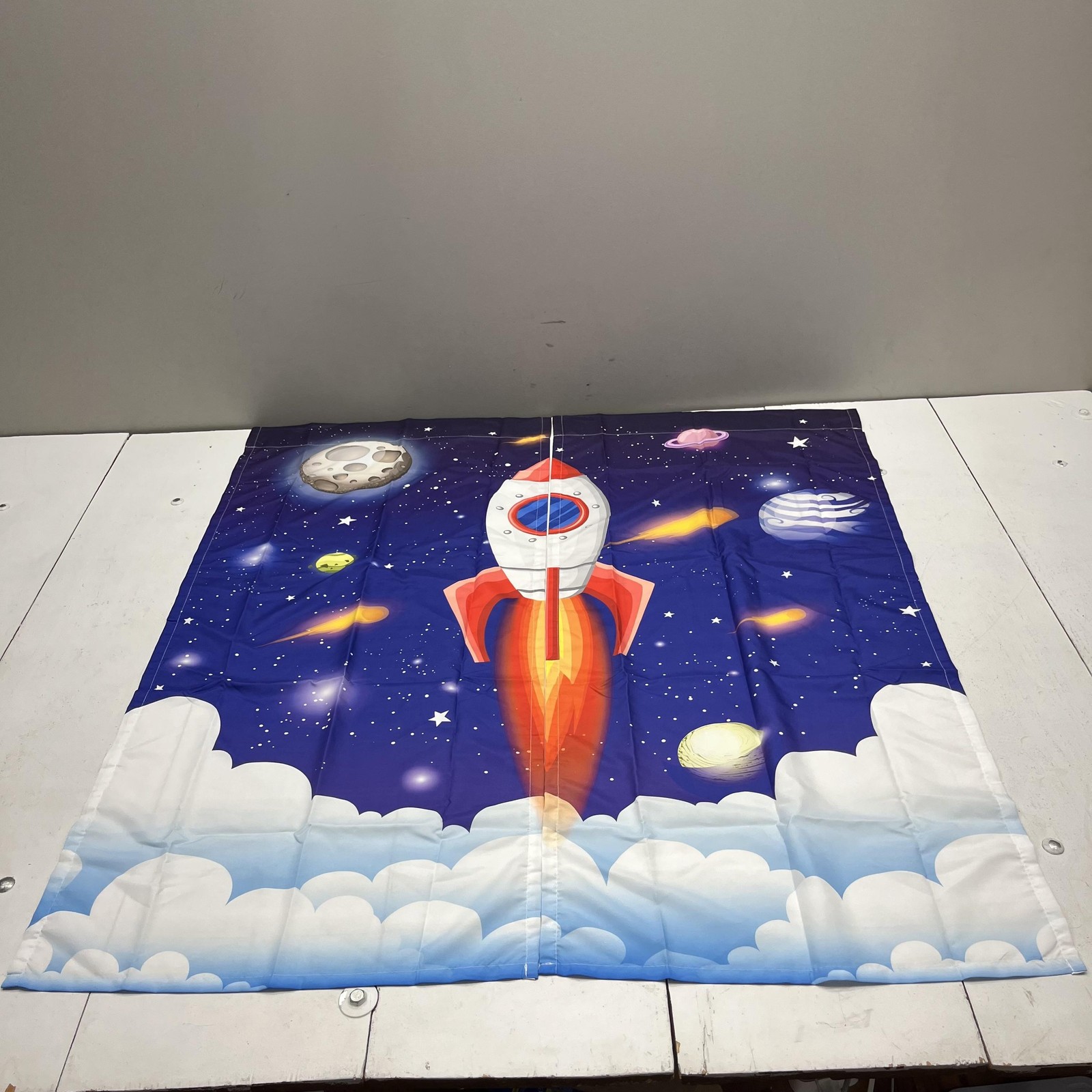 Rocket Ship Space Window Curtain Single Panel Kids Room Rod Pocket Planets Blue