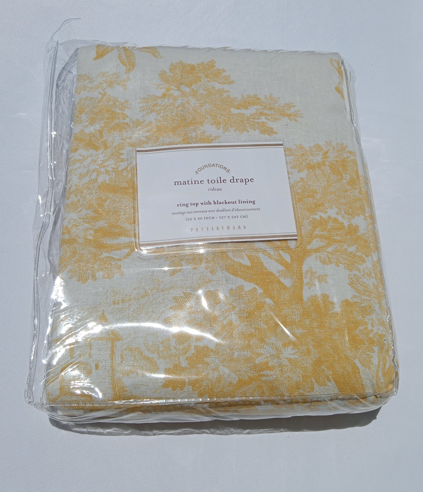 Pottery Barn Matine Toile Blackout Curtain Panel 50×96 Yellow Gold Floral Lined