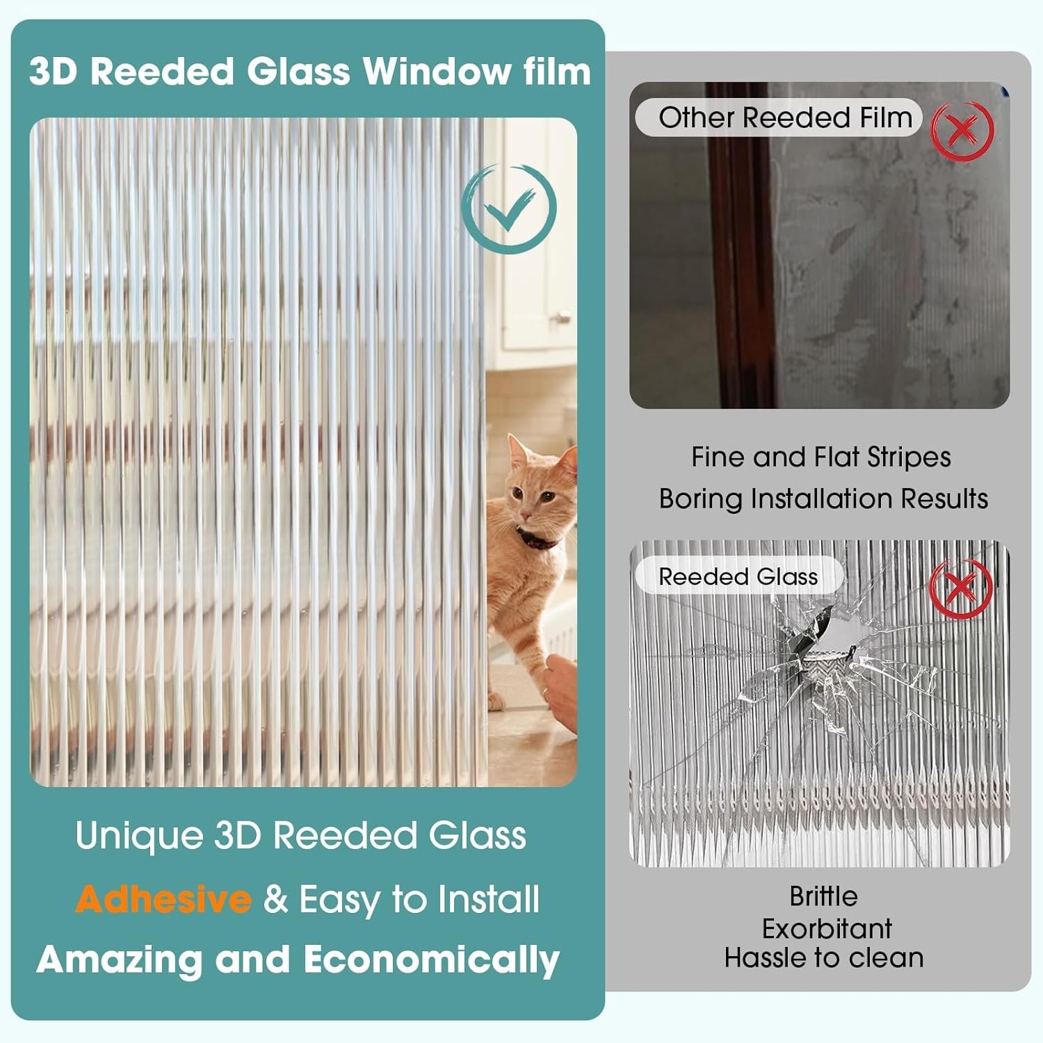 3D Fluted Glass Window Privacy Film Frosted Reeded Glass Stickers 17.5×78.7in
