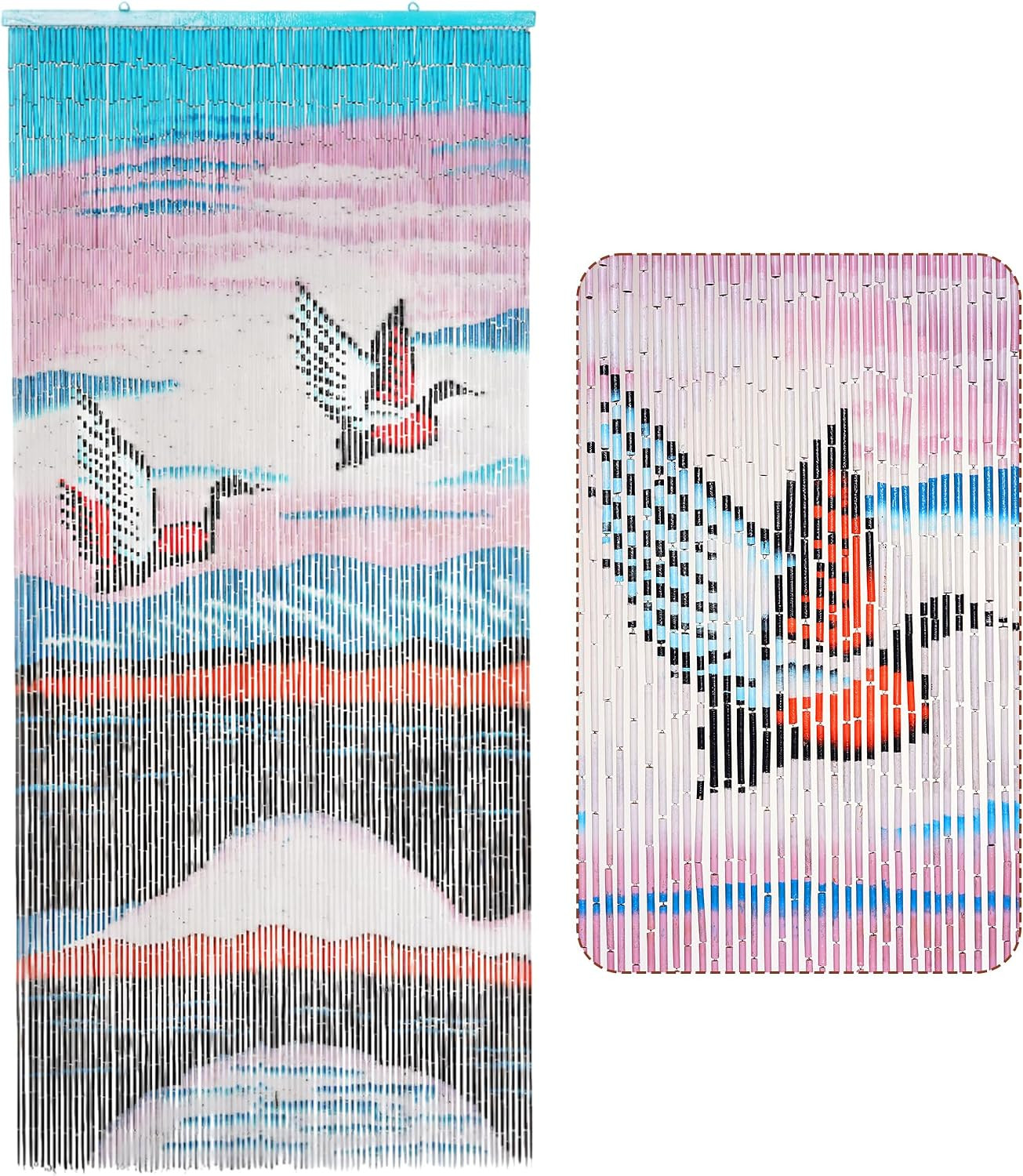 Flying Cranes over Sunset Lake Beaded Curtain, Hand-Painted Hanging Door