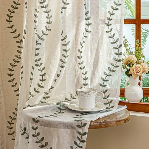 2 Panels Linen Leaf String Floral 52″W x 84″L (Pack of 2) Sage Green