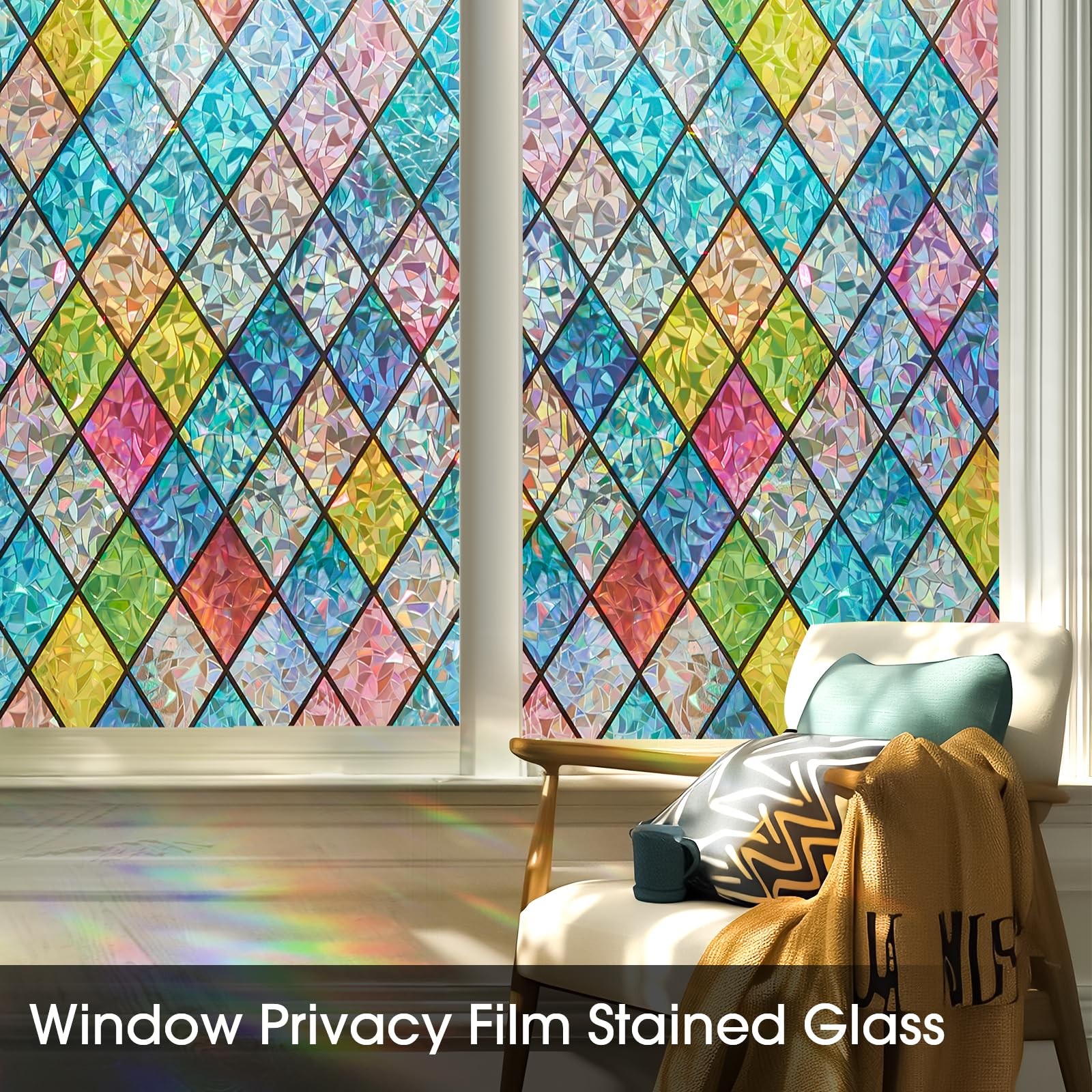 Window Privacy Film Stained Glass,Rainbow Window Film Decorative Peel and Stick