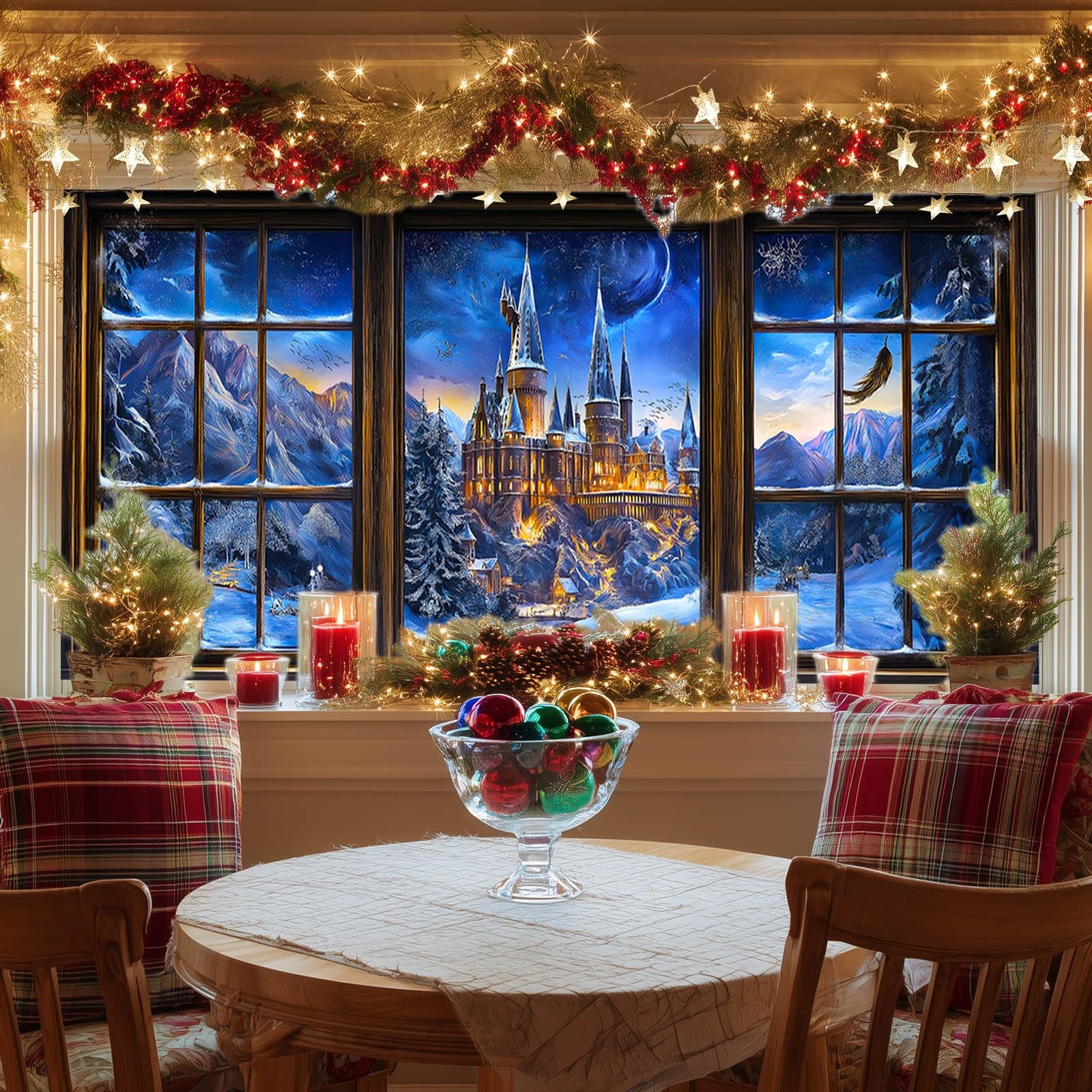 Castle Snow Night Window Film 39.3×17.7 Inch Fantasy Stained Glass Style Deco…