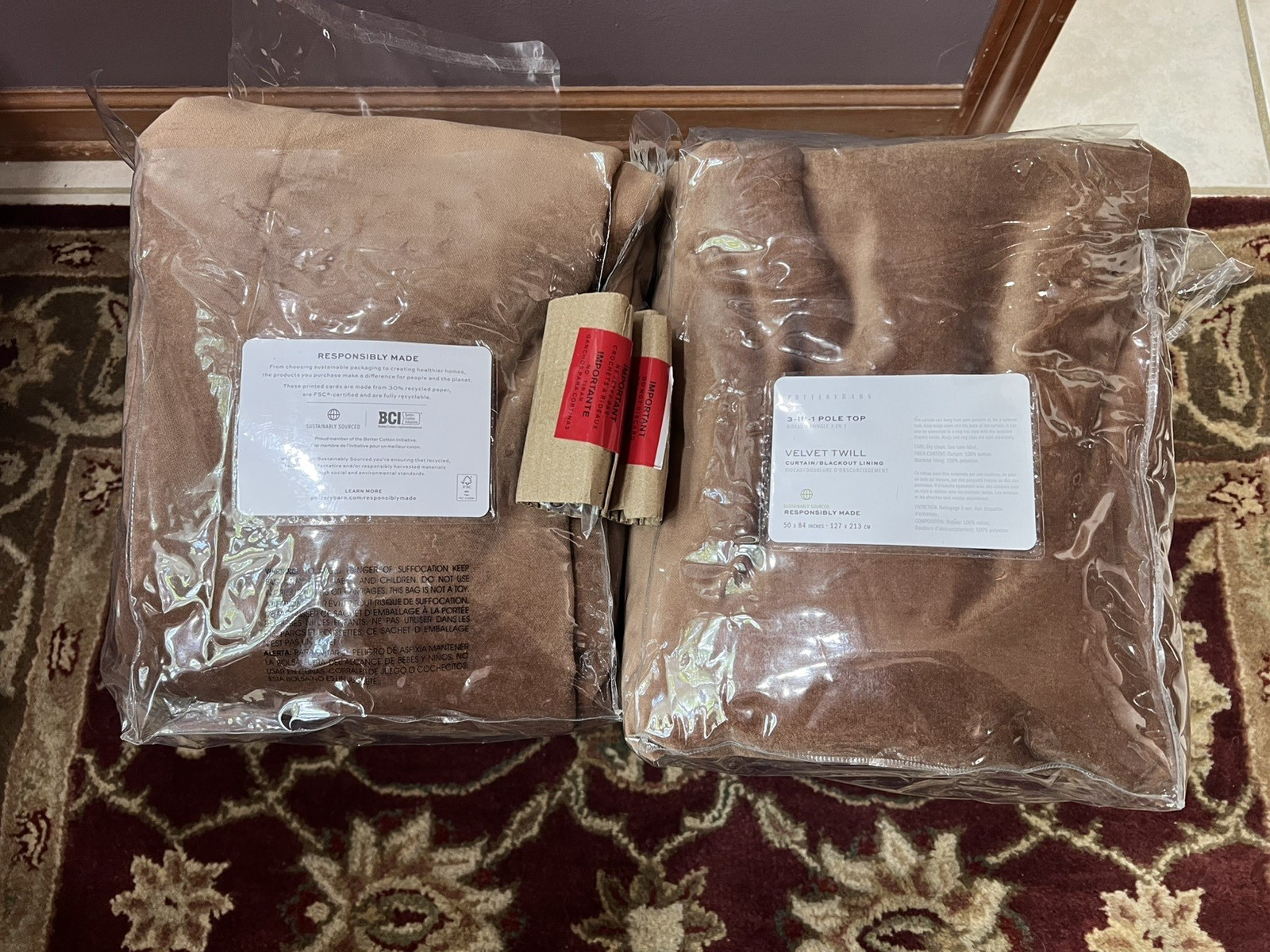Pottery barn two velvet twill curtains drapes 50 in. x 96 in, brown (cinnamon)