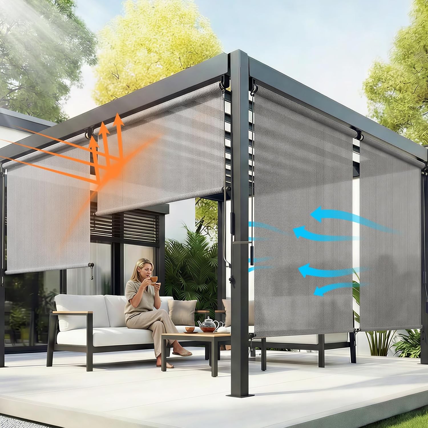 Aoodor Patio Roller Shade 4 x 8 ft HDPE Fabric Outdoor Cordless Roll Up Shade