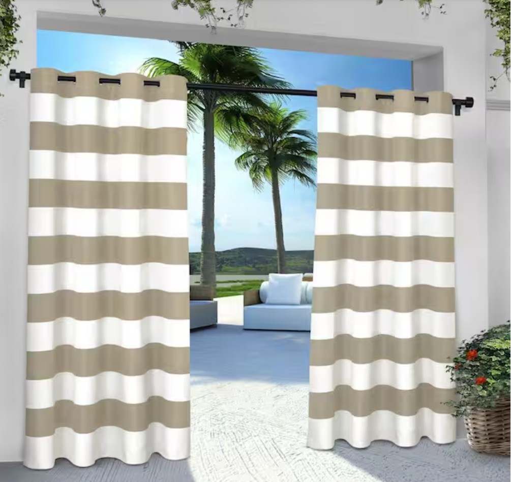 Cabana Stripe Taupe Light Filtering Grommet Top Indoor/Outdoor 54″W×108″L. Pair