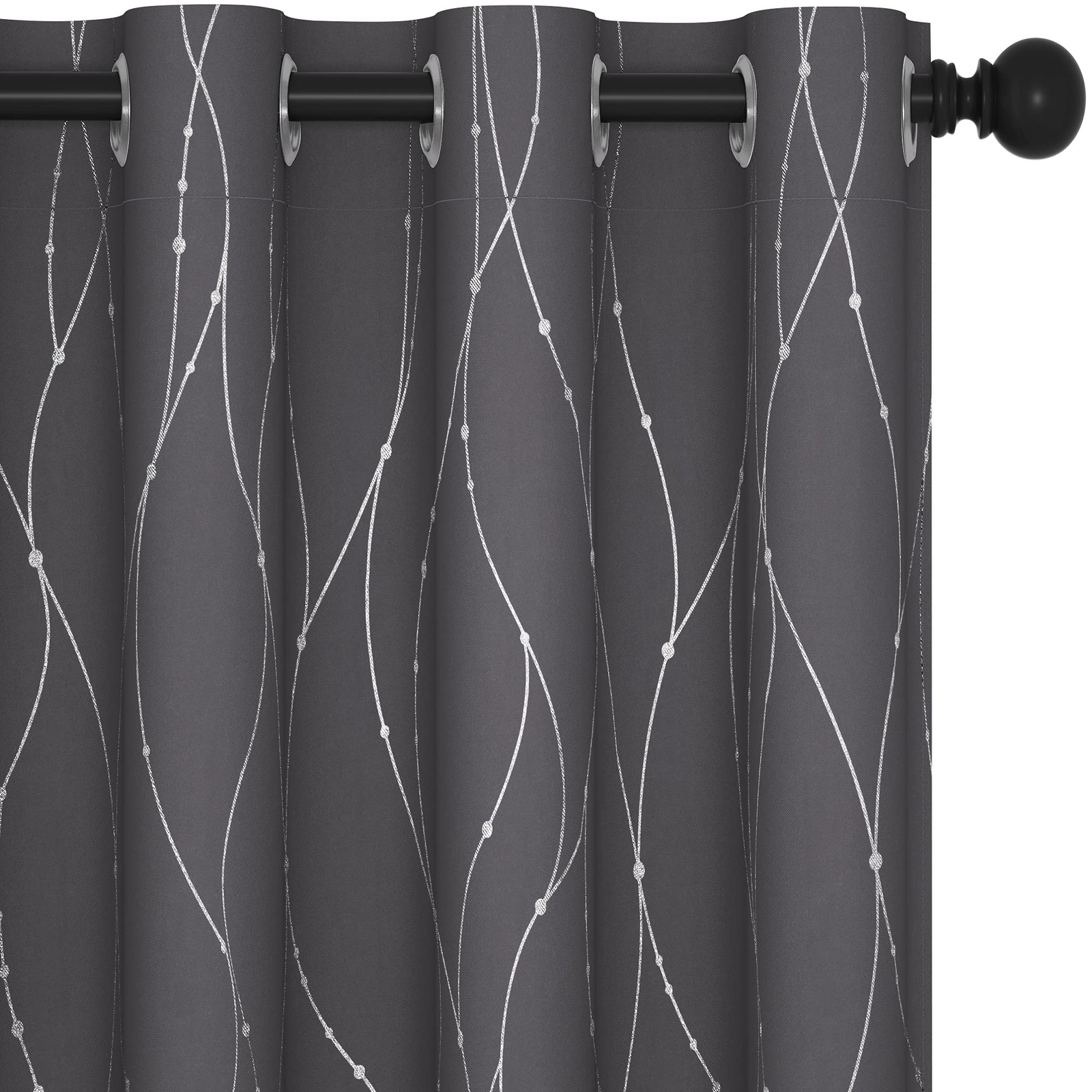 Blackout Curtains, Dark Grey Thermal Grommet Drapes, Silver Wave Dots Foil Pr…