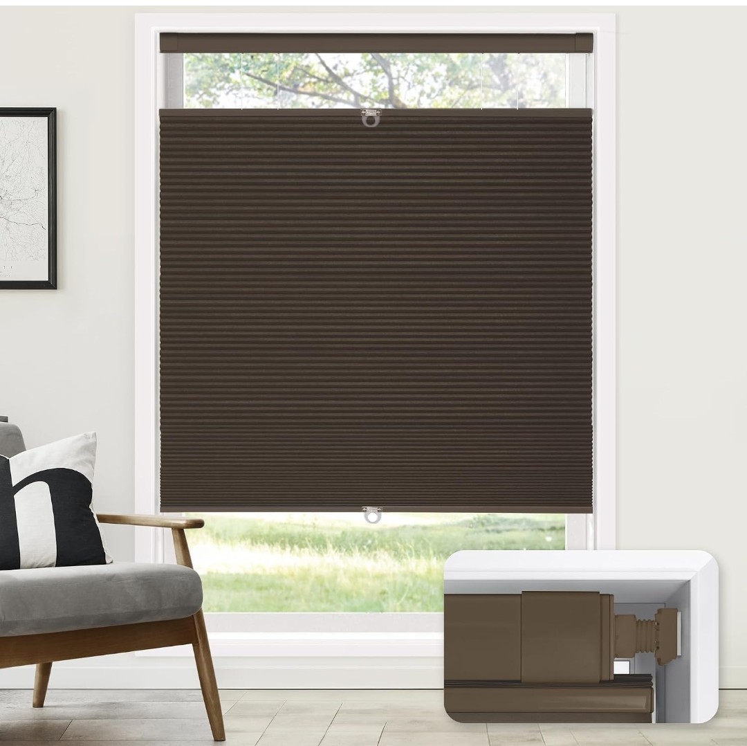 LazBlinds No Drill Cordless Cellular Shades, 32″ W x 64″ H, Dark Coffee