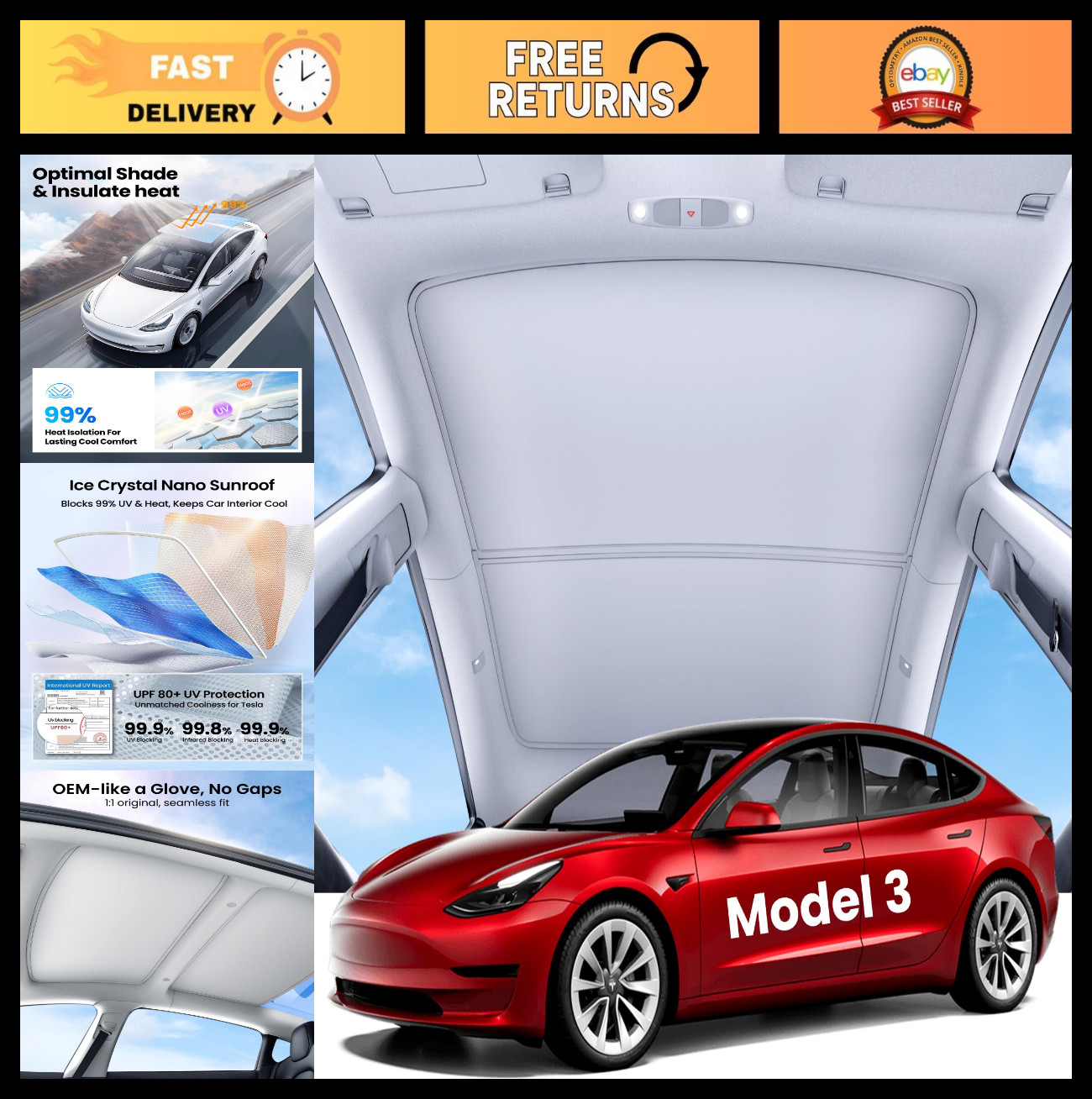 2026 Tesla Model 3 Sunshade Roof Cover – No Gaps, Heat Insulation, Foldable, 2PC