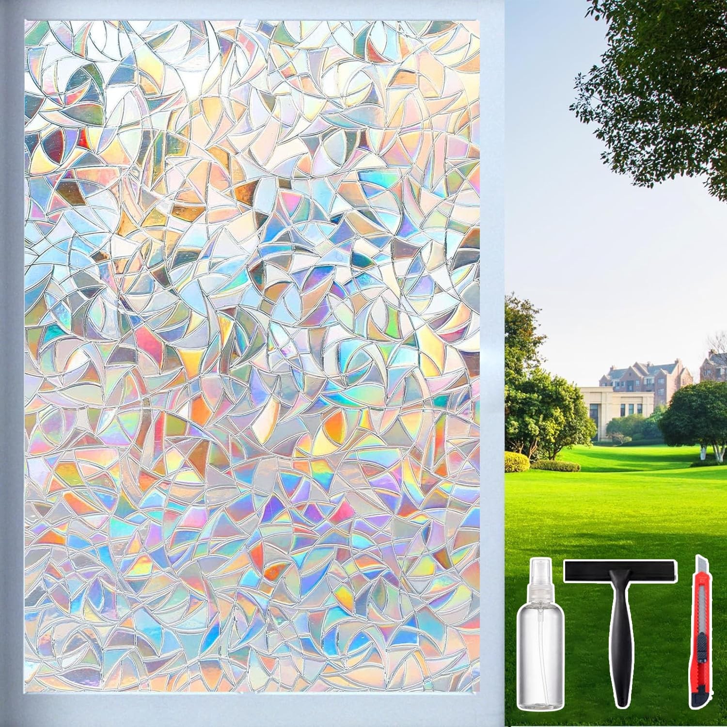 Dwersty Rainbow Window Privacy Film with Cutting Reference Line, 3D Decals St…