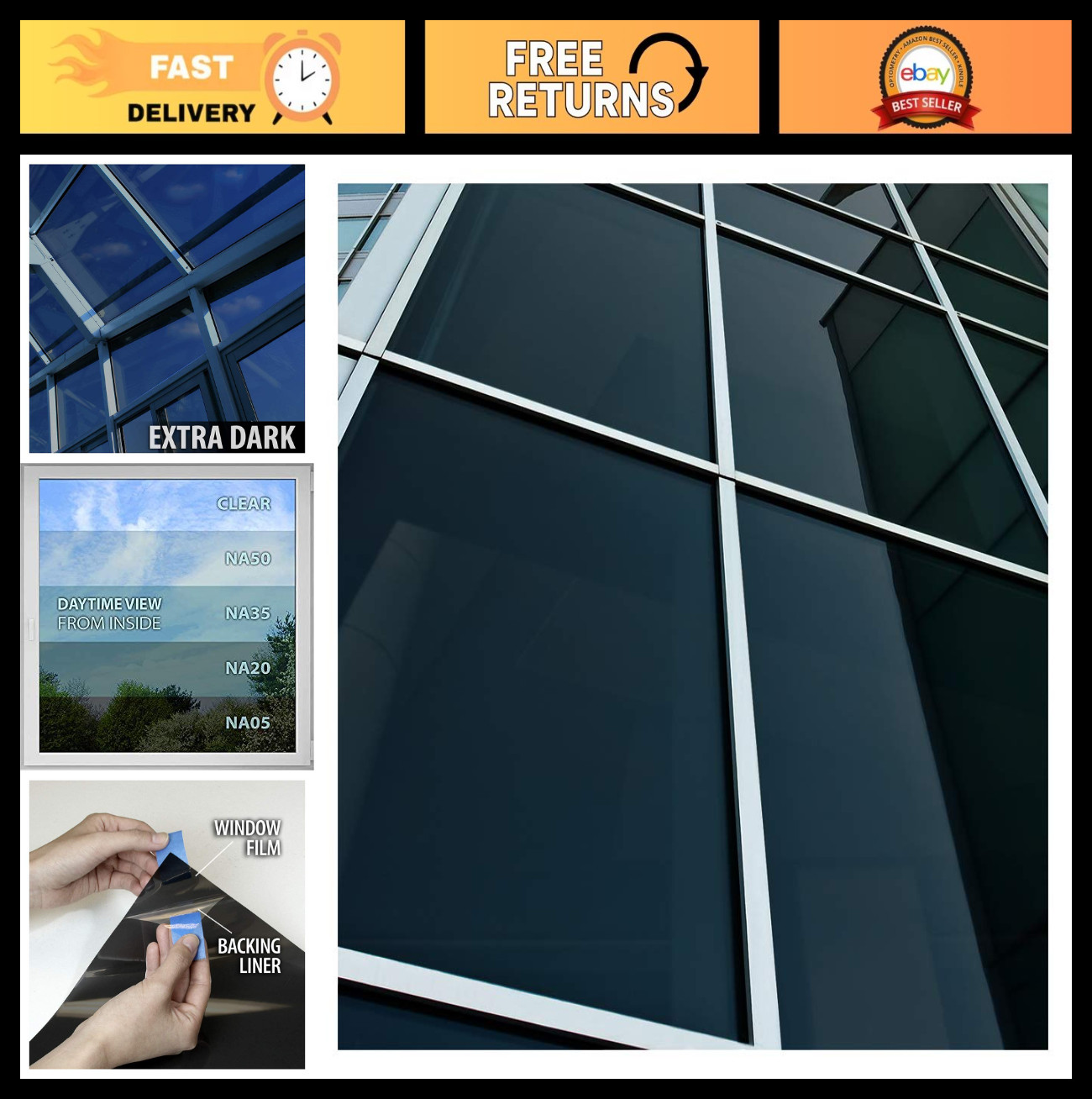 Daytime Privacy Window Film – Sun Control Natural Black 5% – 48in x 12ft