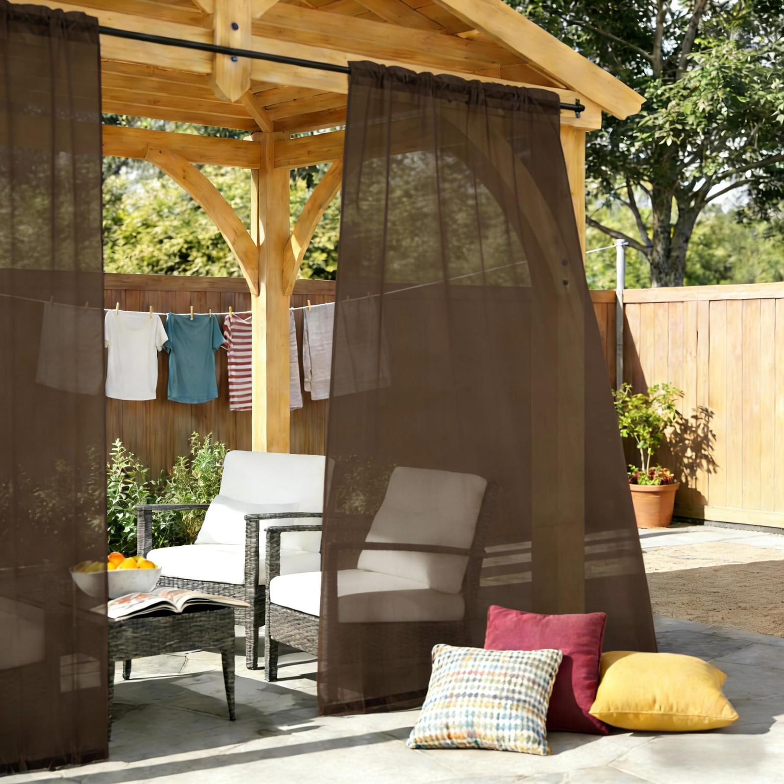 Brown Waterproof Sheer Patio Curtains 52×84, 2-Panels Rod Pocket for Outdoors