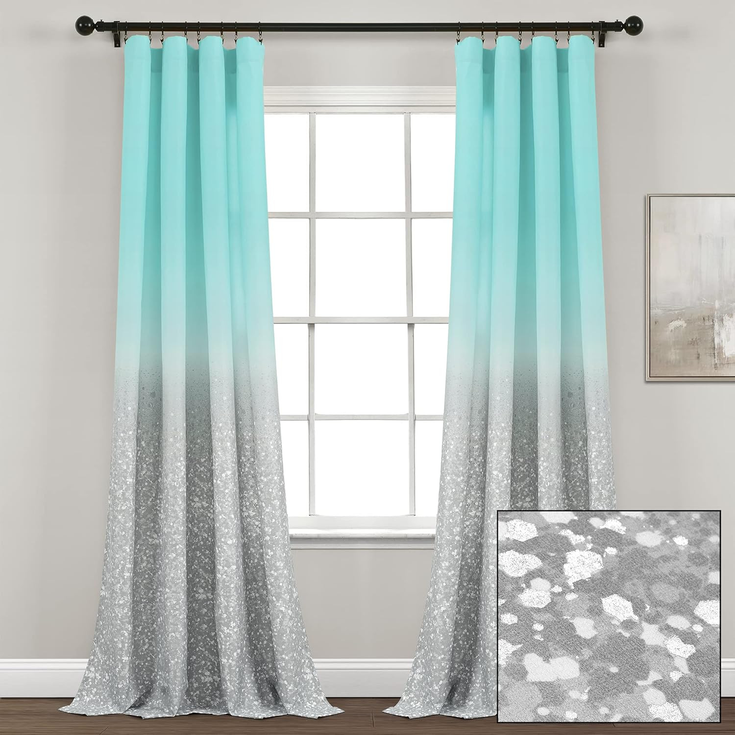 Glitter Ombre Metallic Print Window Curtain Panel Pair, 84″ L X 52″ W, Aqua & Gr