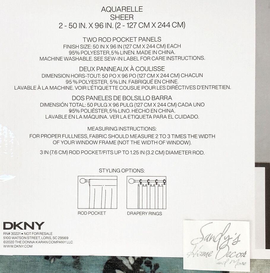 DKNY Aquarelle Linen SHEER 2 Window Curtains Panels Floral Teal BLUE GRAY 50×96