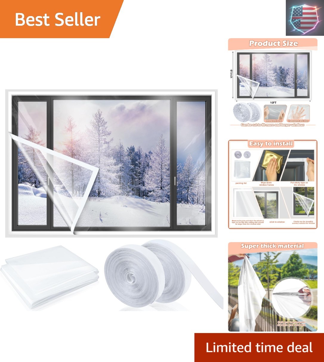 63 Inch x 10 ft Window Insulation Kit Cuttable Transparent Film with Adhesive…