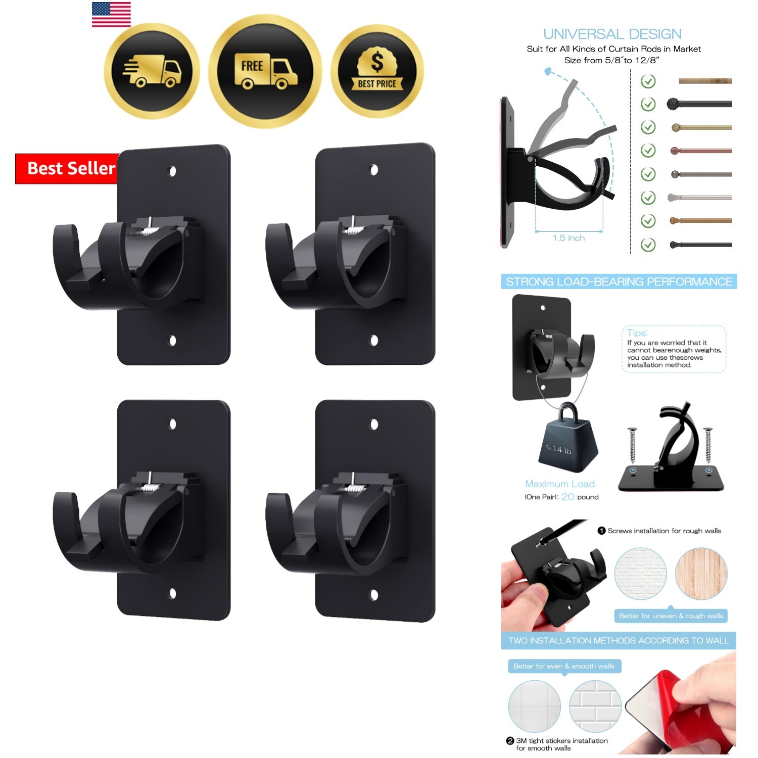 4 Pieces Self Adhesive Curtain Rod Bracket, Universal Plastic Curtain Rod Hol…