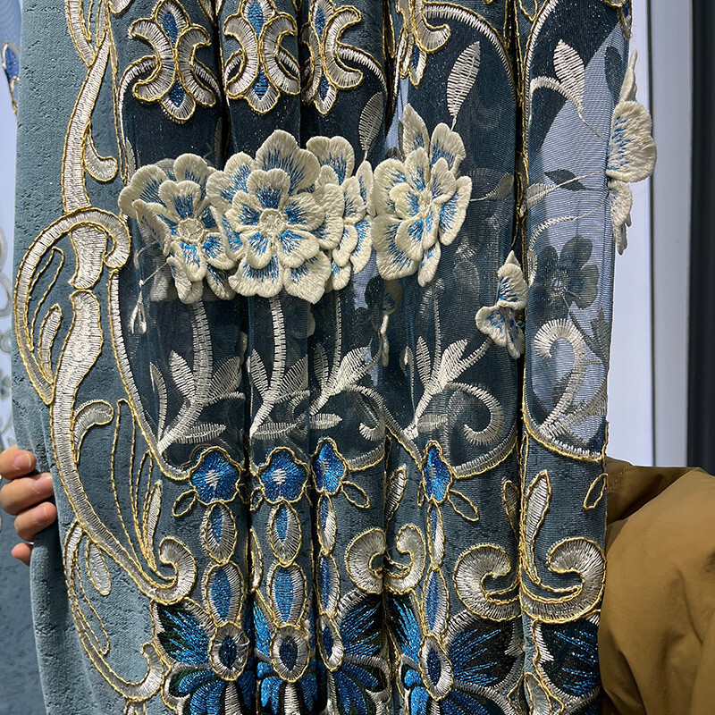 American luxury European blue thick embroider Velvet curtain valance tulle M1561