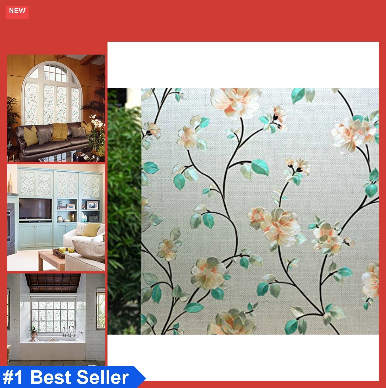 Static Cling Window Privacy Film Floral Stained Glass Design 11.8×78.7 Inches