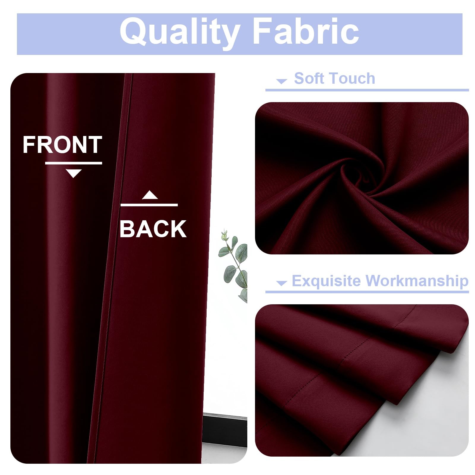 Ava Burgundy Blackout Curtains for Bedroom 72 Inch Length 2 Panels Set, Privacy
